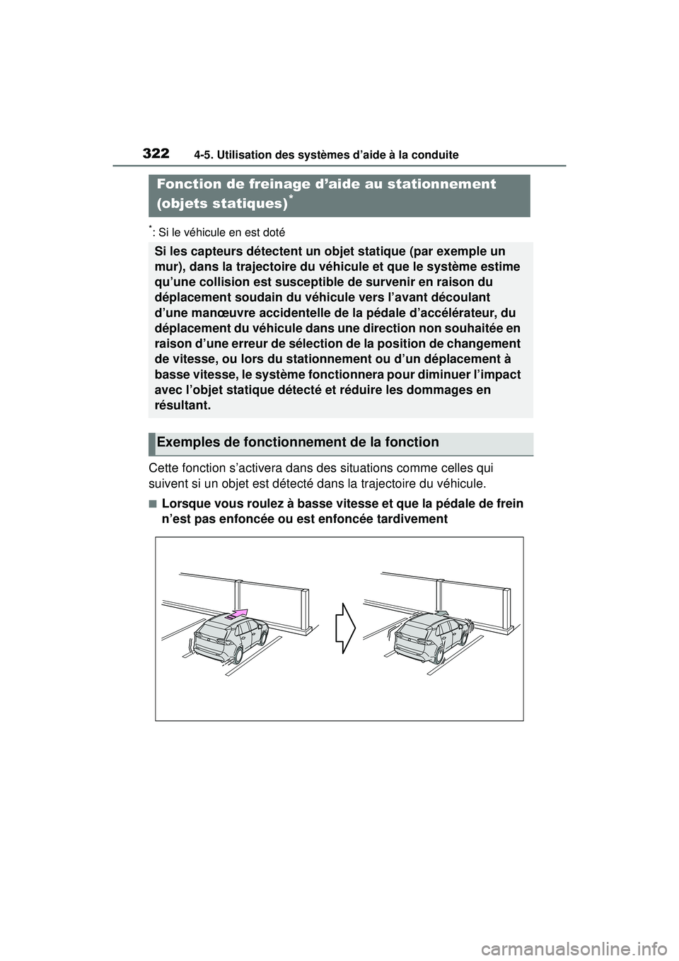 TOYOTA RAV4 2019 Manuel du propriétaire (in French) 3224-5. Utilisation des systèmes d’aide à la conduite
*: Si le véhicule en est doté
Cette fonction s’activera dans des situations comme celles qui
suivent si un objet est détecté dans la tr TOYOTA RAV4 2019 Manuel du propriétaire (in French) 3224-5. Utilisation des systèmes d’aide à la conduite
*: Si le véhicule en est doté
Cette fonction s’activera dans des situations comme celles qui
suivent si un objet est détecté dans la tr