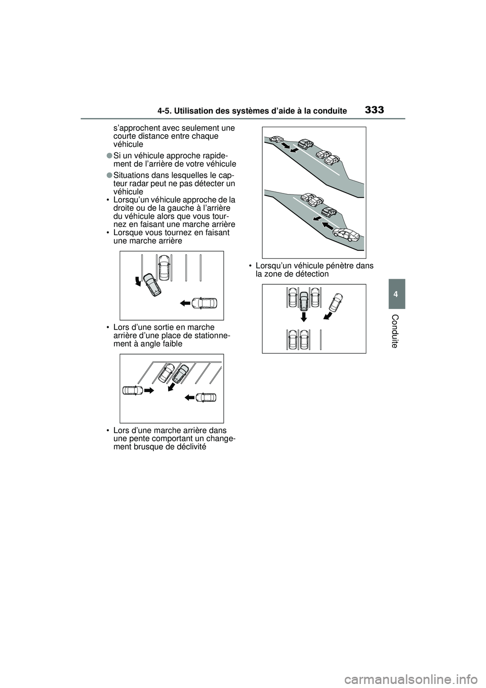 TOYOTA RAV4 2019 Manuel du propriétaire (in French) 3334-5. Utilisation des systèmes d’aide à la conduite
4
Conduite
s’approchent avec seulement une
courte distance entre chaque
véhicule
●Si un véhicule approche rapide-
ment de l’arrière TOYOTA RAV4 2019 Manuel du propriétaire (in French) 3334-5. Utilisation des systèmes d’aide à la conduite
4
Conduite
s’approchent avec seulement une
courte distance entre chaque
véhicule
●Si un véhicule approche rapide-
ment de l’arrière