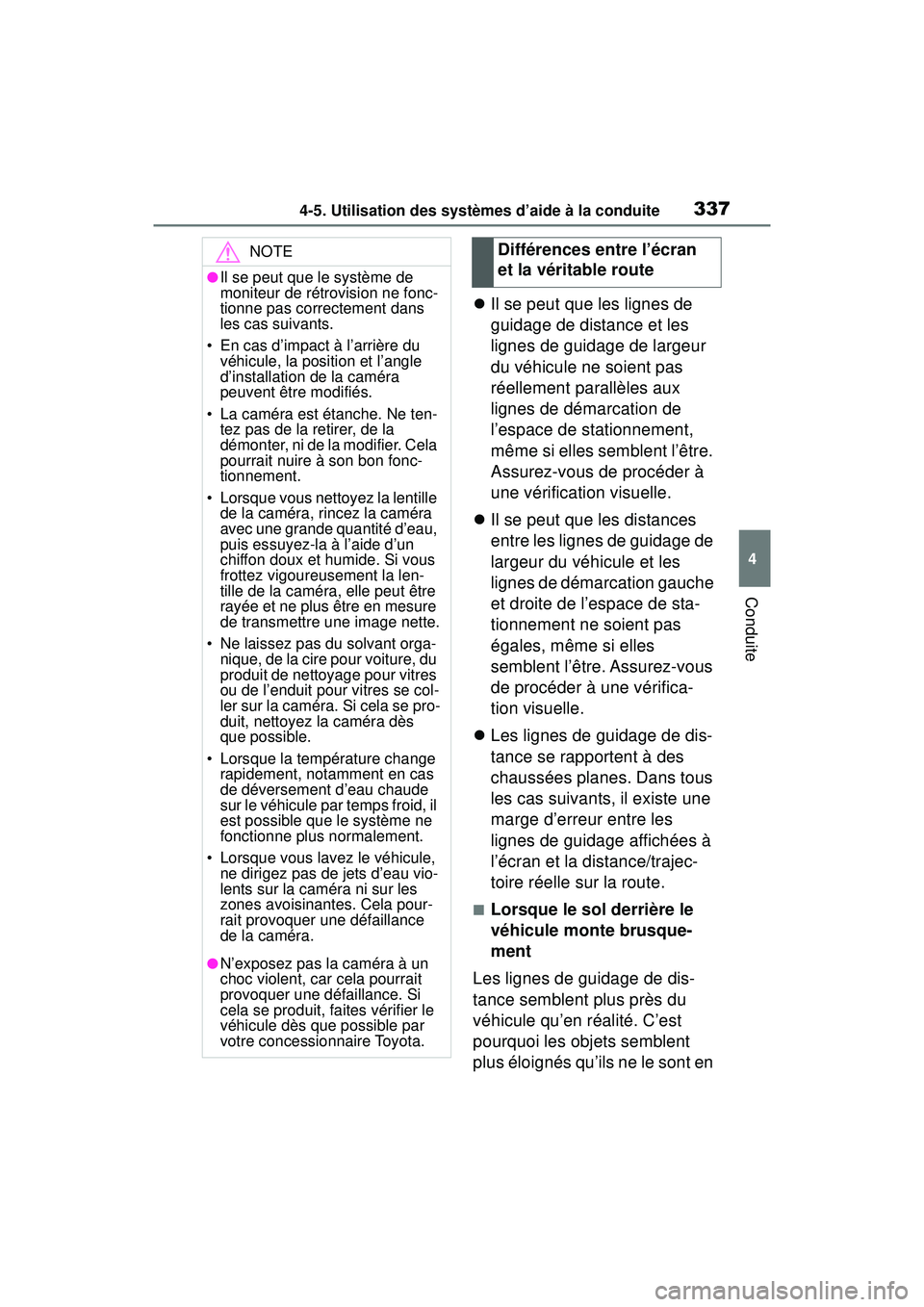 TOYOTA RAV4 2019 Manuel du propriétaire (in French) 3374-5. Utilisation des systèmes d’aide à la conduite
4
Conduite
Il se peut que les lignes de
guidage de distance et les
lignes de guidage de largeur
du véhicule ne soient pas
réellement TOYOTA RAV4 2019 Manuel du propriétaire (in French) 3374-5. Utilisation des systèmes d’aide à la conduite
4
Conduite
Il se peut que les lignes de
guidage de distance et les
lignes de guidage de largeur
du véhicule ne soient pas
réellement