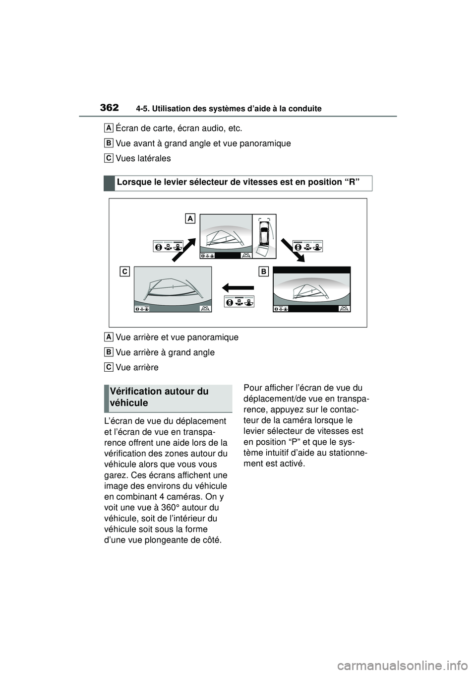 TOYOTA RAV4 2019  Manuel du propriétaire (in French) 3624-5. Utilisation des systèmes d’aide à la conduite
Écran de carte, écran audio, etc.
Vue avant à grand angle et vue panoramique
Vues latérales
Vue arrière et vue panoramique
Vue arrière 