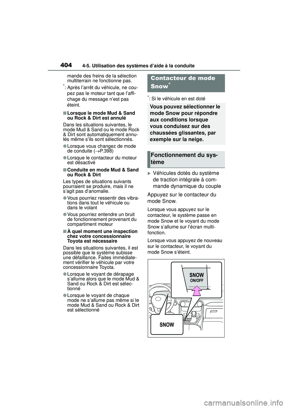 TOYOTA RAV4 2019 Manuel du propriétaire (in French) 4044-5. Utilisation des systèmes d’aide à la conduite
mande des freins de la sélection
multiterrain ne fonctionne pas.
*: Après l’arrêt du véhicule, ne cou-pez pas le moteur tant que l’af TOYOTA RAV4 2019 Manuel du propriétaire (in French) 4044-5. Utilisation des systèmes d’aide à la conduite
mande des freins de la sélection
multiterrain ne fonctionne pas.
*: Après l’arrêt du véhicule, ne cou-pez pas le moteur tant que l’af