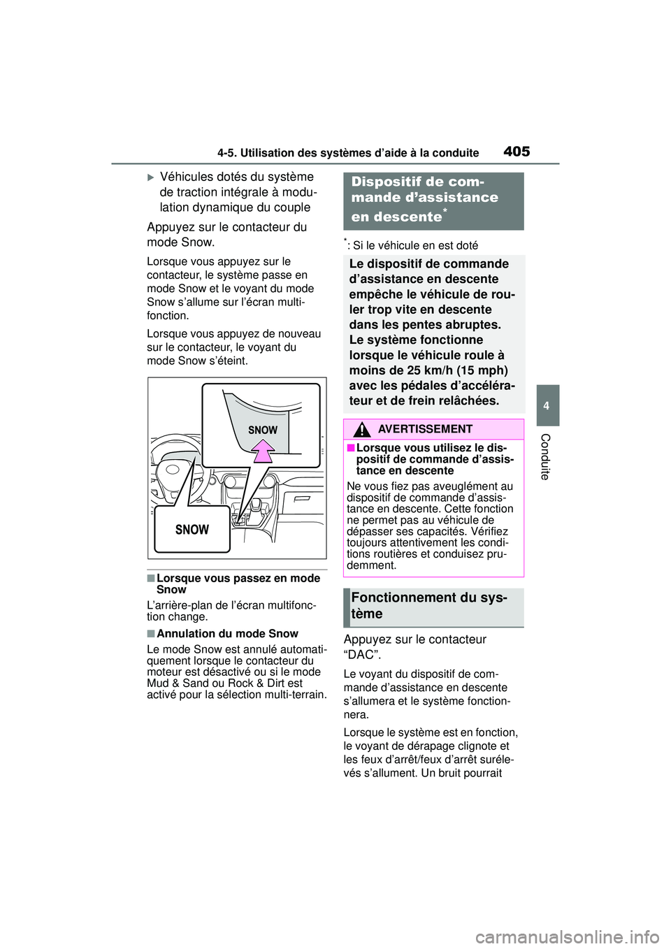 TOYOTA RAV4 2019 Manuel du propriétaire (in French) 4054-5. Utilisation des systèmes d’aide à la conduite
4
Conduite
Véhicules dotés du système
de traction intégrale à modu-
lation dynamique du couple
Appuyez sur le contacteur du
mode Sno TOYOTA RAV4 2019 Manuel du propriétaire (in French) 4054-5. Utilisation des systèmes d’aide à la conduite
4
Conduite
Véhicules dotés du système
de traction intégrale à modu-
lation dynamique du couple
Appuyez sur le contacteur du
mode Sno