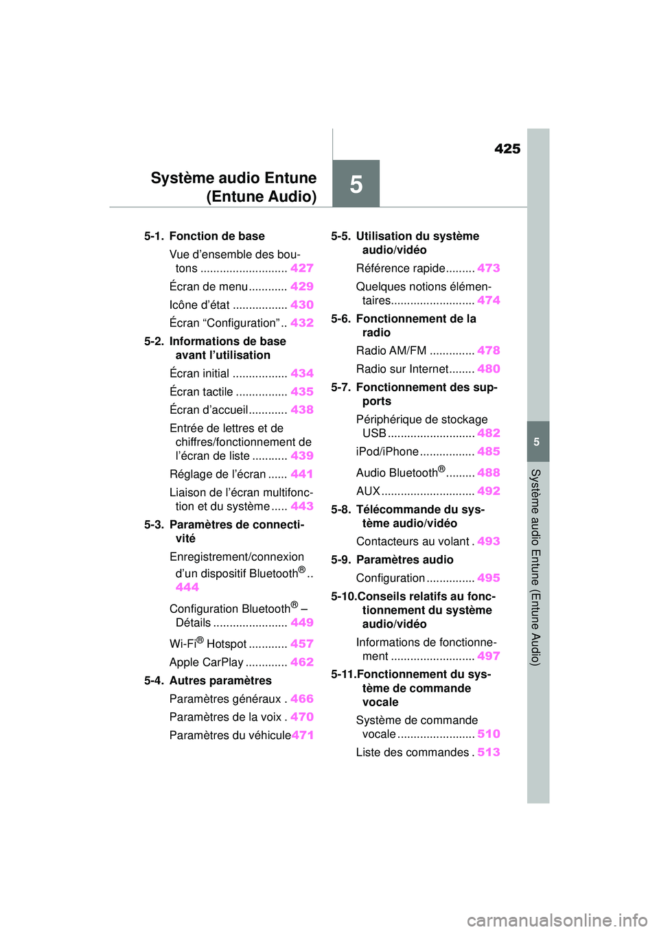 TOYOTA RAV4 2019  Manuel du propriétaire (in French) 425
5
5
Système audio Entune (Entune Audio)
Système audio Entune(Entune Audio)
5-1. Fonction de base
Vue d’ensemble des bou-tons ........................... 427
Écran de menu ............ 429
Ic