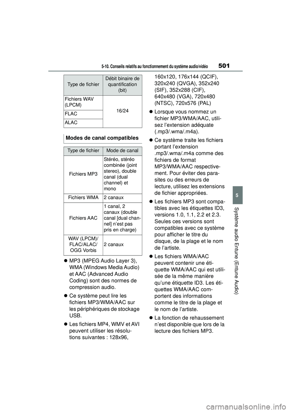 TOYOTA RAV4 2019  Manuel du propriétaire (in French) 5015-10. Conseils relatifs au fonctionnement du système audio/vidéo
5
Système audio Entune (Entune Audio)
MP3 (MPEG Audio Layer 3), 
WMA (Windows Media Audio) 
et AAC  (Advanced Audio 
Coding) s