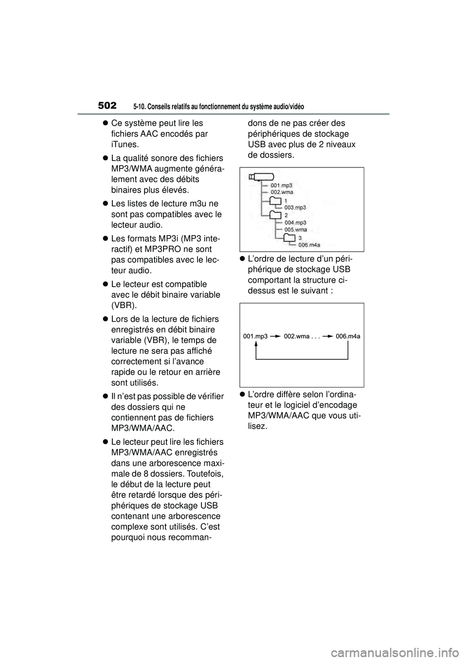 TOYOTA RAV4 2019  Manuel du propriétaire (in French) 5025-10. Conseils relatifs au fonctionnement du système audio/vidéo
Ce système peut lire les 
fichiers AAC  encodés  par 
iTunes.
 La qualité sonore des fichiers 
MP3/WMA augmente généra-
