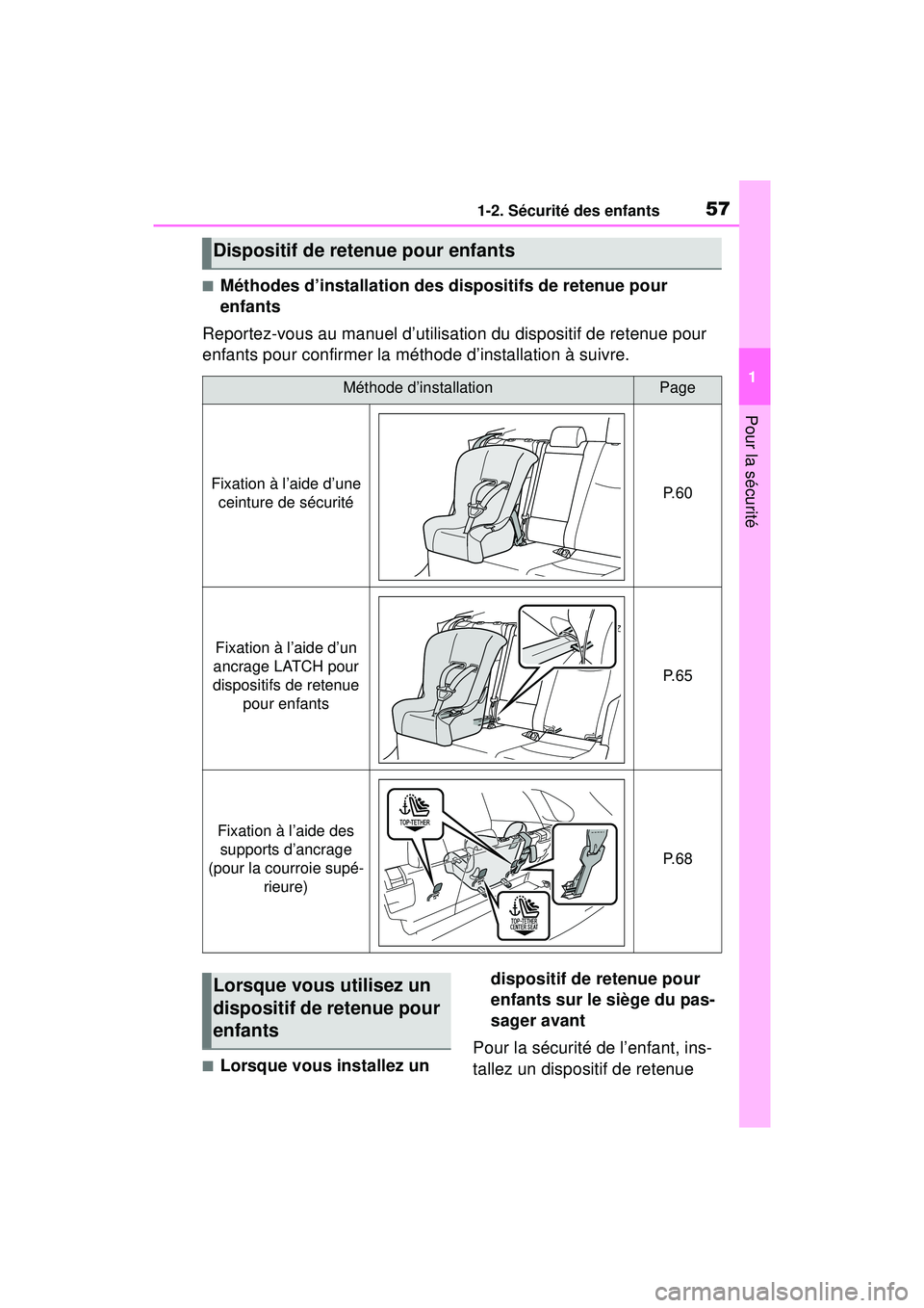 TOYOTA RAV4 2019 Manuel du propriétaire (in French) 571-2. Sécurité des enfants
1
Pour la sécurité
■Méthodes d’installation des dispositifs de retenue pour
enfants
Reportez-vous au manuel d’utilisation du dispositif de retenue pour
enfants TOYOTA RAV4 2019 Manuel du propriétaire (in French) 571-2. Sécurité des enfants
1
Pour la sécurité
■Méthodes d’installation des dispositifs de retenue pour
enfants
Reportez-vous au manuel d’utilisation du dispositif de retenue pour
enfants