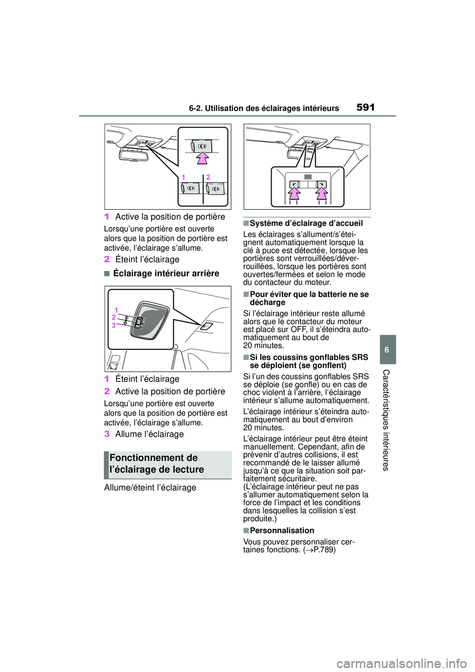 TOYOTA RAV4 2019 Manuel du propriétaire (in French) 5916-2. Utilisation des éclairages intérieurs
6
Caractéristiques intérieures
1Active la position de portière
Lorsqu’une portière est ouverte
alors que la position de portière est
activée, TOYOTA RAV4 2019 Manuel du propriétaire (in French) 5916-2. Utilisation des éclairages intérieurs
6
Caractéristiques intérieures
1Active la position de portière
Lorsqu’une portière est ouverte
alors que la position de portière est
activée,