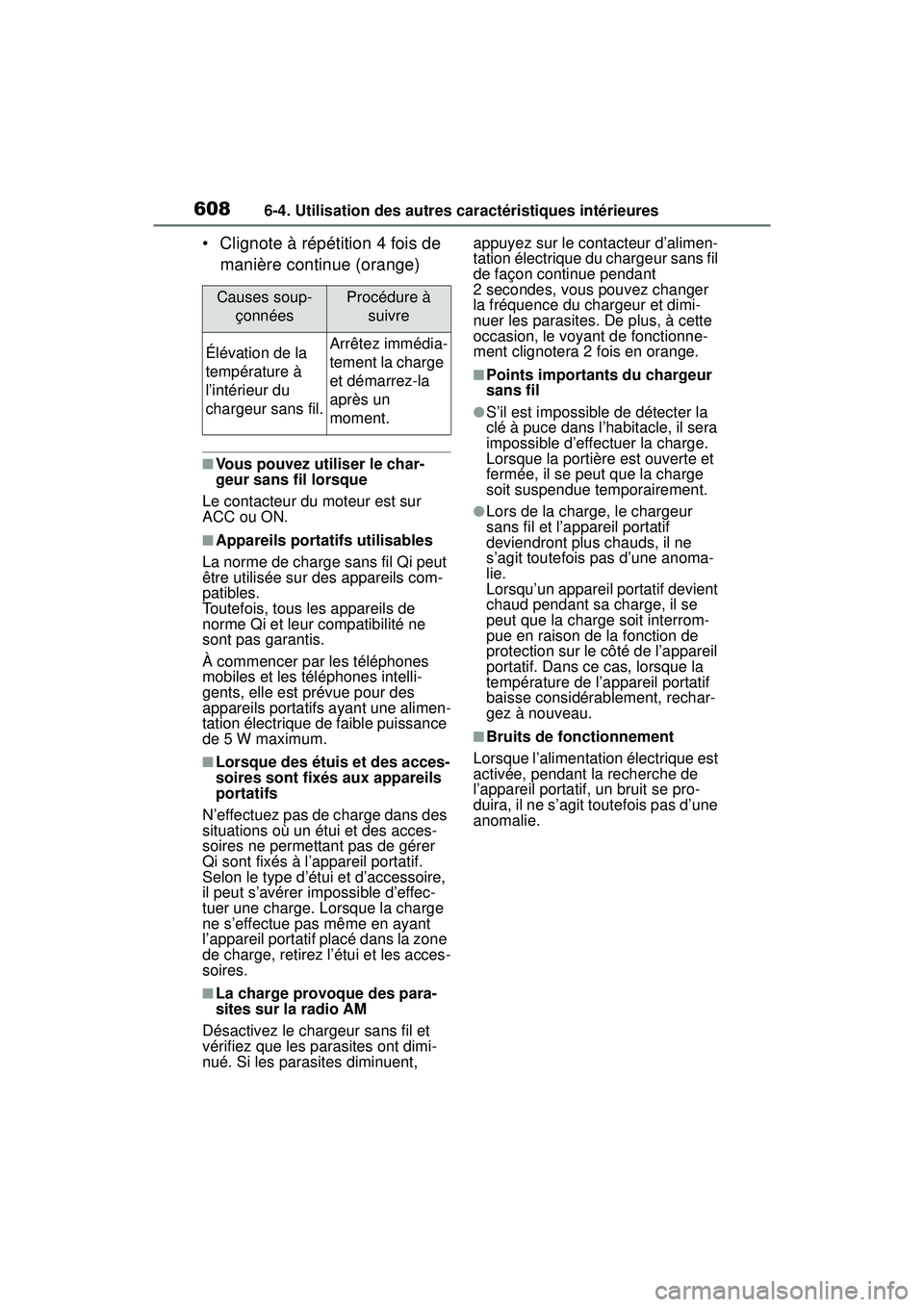 TOYOTA RAV4 2019 Manuel du propriétaire (in French) 6086-4. Utilisation des autres caractéristiques intérieures
• Clignote à répétition 4 fois de
manière continue (orange)
■Vous pouvez utiliser le char-
geur sans fil lorsque
Le contacteur du TOYOTA RAV4 2019 Manuel du propriétaire (in French) 6086-4. Utilisation des autres caractéristiques intérieures
• Clignote à répétition 4 fois de
manière continue (orange)
■Vous pouvez utiliser le char-
geur sans fil lorsque
Le contacteur du