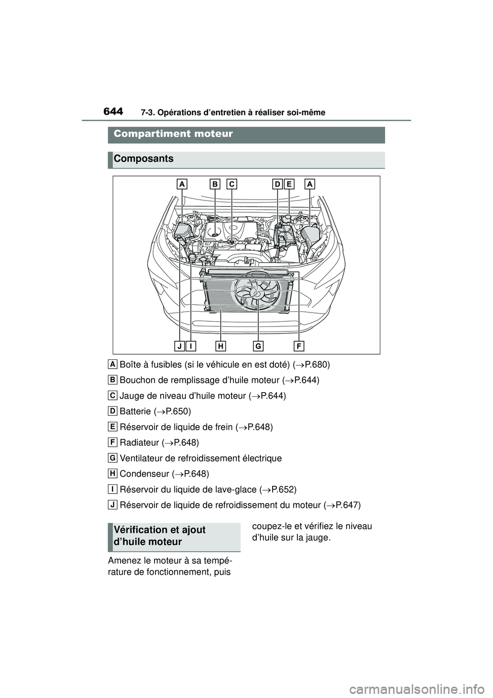 TOYOTA RAV4 2019 Manuel du propriétaire (in French) 6447-3. Opérations d’entretien à réaliser soi-même
Boîte à fusibles (si le véhicule en est doté) (P.680)
Bouchon de remplissage d’huile moteur ( P.644)
Jauge de niveau d’huile mote TOYOTA RAV4 2019 Manuel du propriétaire (in French) 6447-3. Opérations d’entretien à réaliser soi-même
Boîte à fusibles (si le véhicule en est doté) (P.680)
Bouchon de remplissage d’huile moteur ( P.644)
Jauge de niveau d’huile mote