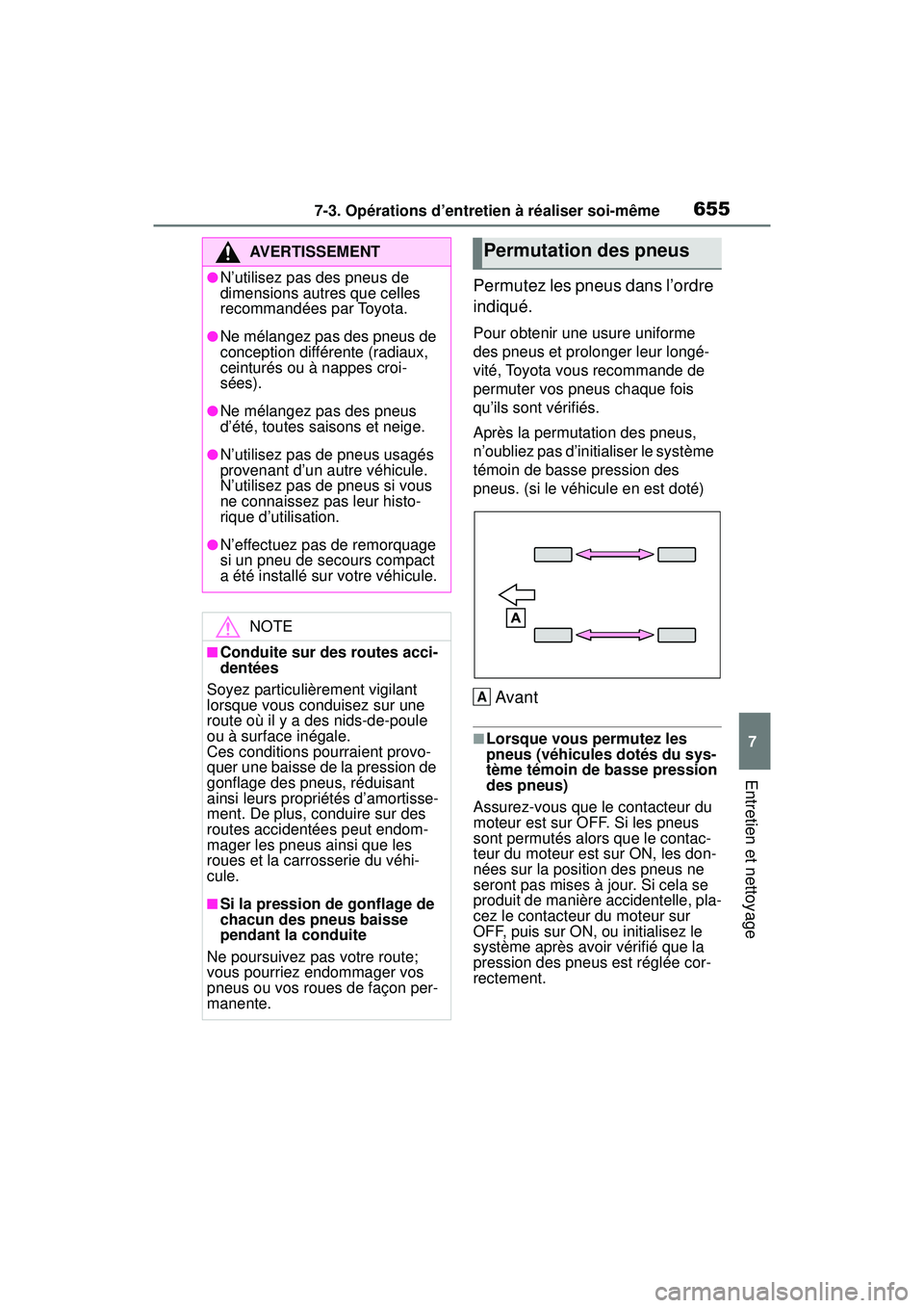 TOYOTA RAV4 2019 Manuel du propriétaire (in French) 6557-3. Opérations d’entretien à réaliser soi-même
7
Entretien et nettoyage
Permutez les pneus dans l’ordre
indiqué.
Pour obtenir une usure uniforme
des pneus et prolonger leur longé-
vit TOYOTA RAV4 2019 Manuel du propriétaire (in French) 6557-3. Opérations d’entretien à réaliser soi-même
7
Entretien et nettoyage
Permutez les pneus dans l’ordre
indiqué.
Pour obtenir une usure uniforme
des pneus et prolonger leur longé-
vit