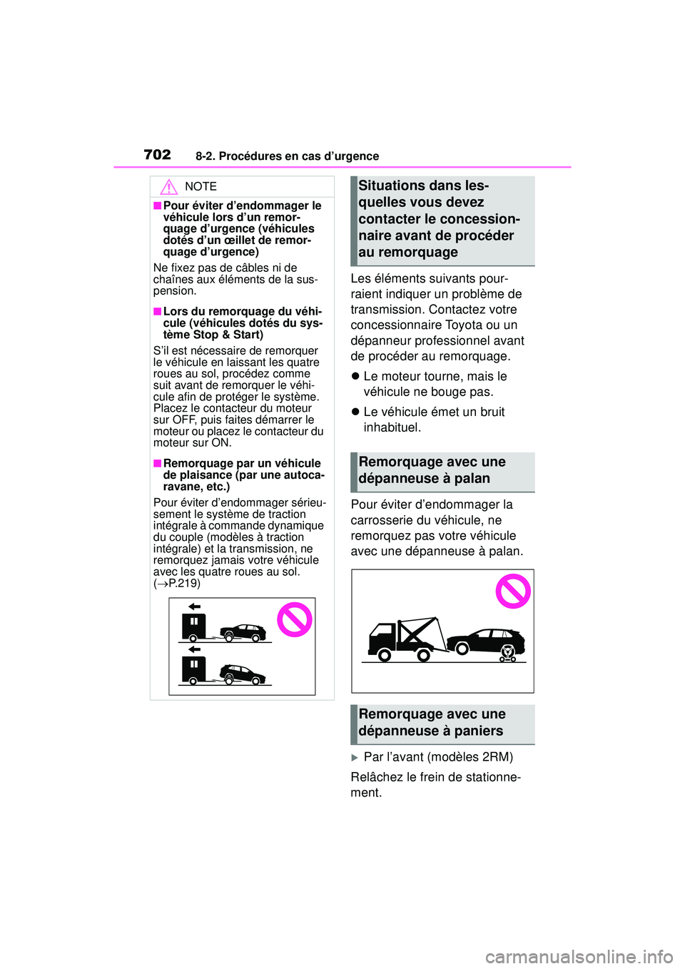 TOYOTA RAV4 2019  Manuel du propriétaire (in French) 7028-2. Procédures en cas d’urgence
Les éléments suivants pour-
raient indiquer un problème de 
transmission. Contactez votre 
concessionnaire Toyota ou un 
dépanneur professionnel avant 
de pr