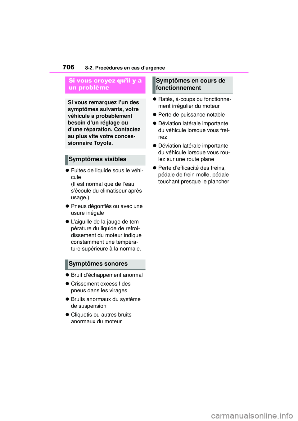 TOYOTA RAV4 2019  Manuel du propriétaire (in French) 7068-2. Procédures en cas d’urgence
Fuites de liquide sous le véhi-
cule
(Il est normal que de l’eau 
s’écoule du climatiseur après 
usage.)
 Pneus dégonflés ou avec une 
usure inég