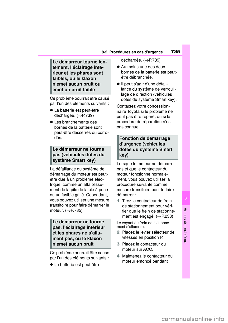 TOYOTA RAV4 2019 Manuel du propriétaire (in French) 7358-2. Procédures en cas d’urgence
8
En cas de problème
Ce problème pourrait être causé
par l’un des éléments suivants :
La batterie est peut-être
déchargée. ( P.739)
Les br TOYOTA RAV4 2019 Manuel du propriétaire (in French) 7358-2. Procédures en cas d’urgence
8
En cas de problème
Ce problème pourrait être causé
par l’un des éléments suivants :
La batterie est peut-être
déchargée. ( P.739)
Les br