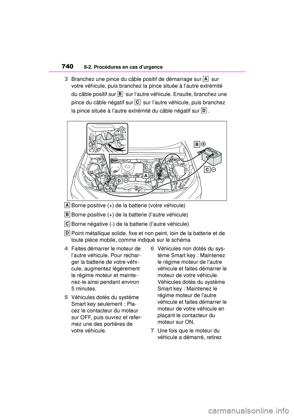 TOYOTA RAV4 2019 Manuel du propriétaire (in French) 7408-2. Procédures en cas d’urgence
3Branchez une pince du câble positif de démarrage sur sur
votre véhicule, puis branchez la pince située à l’autre extrémité
du câble positif sur TOYOTA RAV4 2019 Manuel du propriétaire (in French) 7408-2. Procédures en cas d’urgence
3Branchez une pince du câble positif de démarrage sur sur
votre véhicule, puis branchez la pince située à l’autre extrémité
du câble positif sur