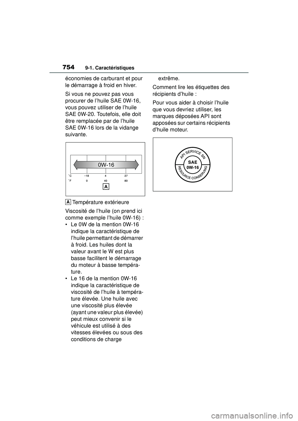 TOYOTA RAV4 2019 Manuel du propriétaire (in French) 7549-1. Caractéristiques
économies de carburant et pour
le démarrage à froid en hiver.
Si vous ne pouvez pas vous
procurer de l’huile SAE 0W-16,
vous pouvez utiliser de l’huile
SAE 0W-20. TOYOTA RAV4 2019 Manuel du propriétaire (in French) 7549-1. Caractéristiques
économies de carburant et pour
le démarrage à froid en hiver.
Si vous ne pouvez pas vous
procurer de l’huile SAE 0W-16,
vous pouvez utiliser de l’huile
SAE 0W-20.