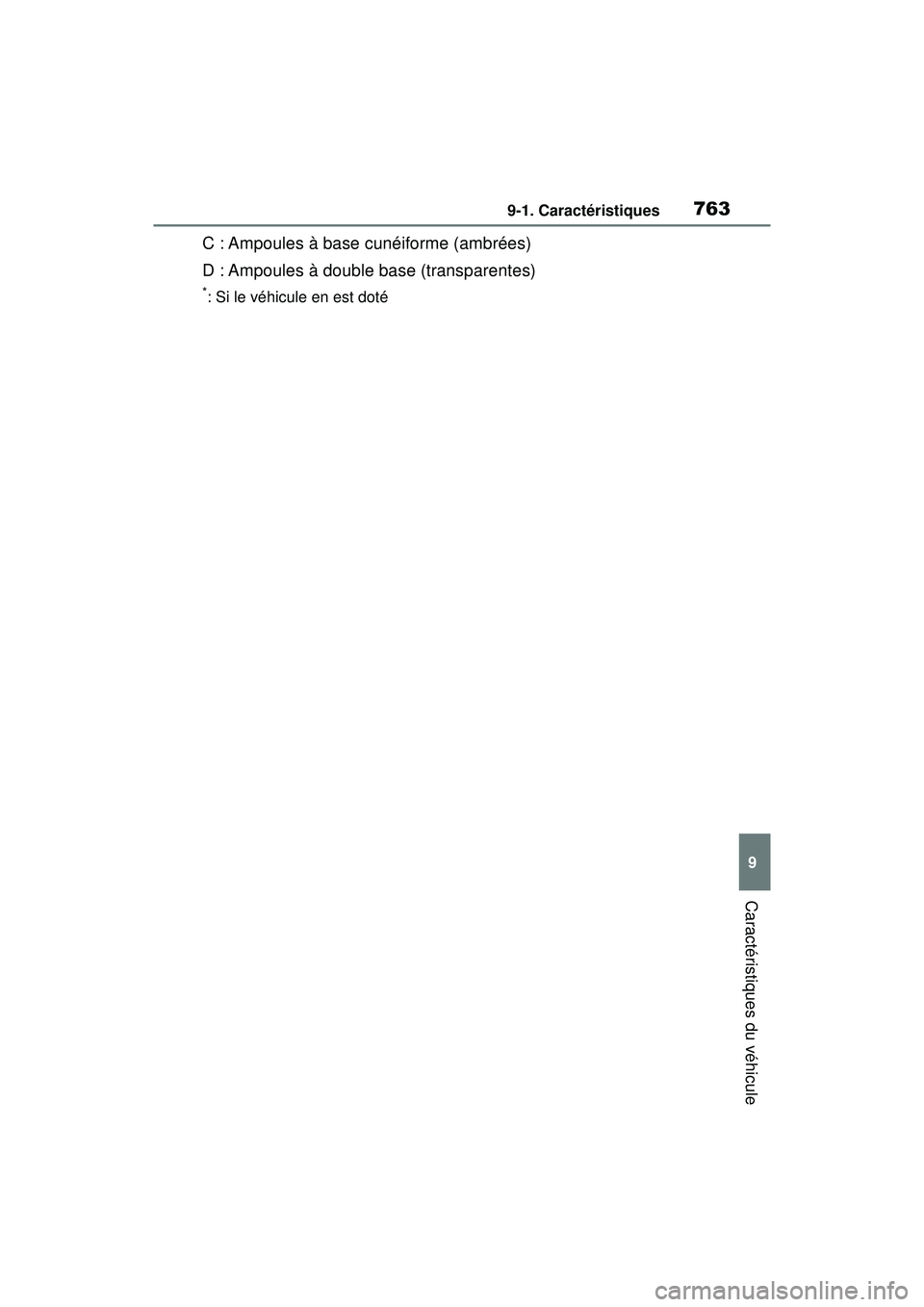 TOYOTA RAV4 2019 Manuel du propriétaire (in French) 7639-1. Caractéristiques
9
Caractéristiques du véhicule
C : Ampoules à base cunéiforme (ambrées)
D : Ampoules à double base (transparentes)
*: Si le véhicule en est doté TOYOTA RAV4 2019 Manuel du propriétaire (in French) 7639-1. Caractéristiques
9
Caractéristiques du véhicule
C : Ampoules à base cunéiforme (ambrées)
D : Ampoules à double base (transparentes)
*: Si le véhicule en est doté