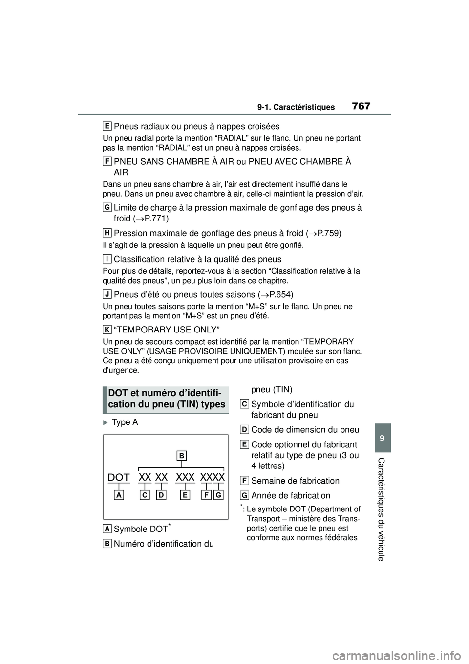 TOYOTA RAV4 2019 Manuel du propriétaire (in French) 7679-1. Caractéristiques
9
Caractéristiques du véhicule
Pneus radiaux ou pneus à nappes croisées
Un pneu radial porte la mention “RADIAL” sur le flanc. Un pneu ne portant
pas la mention “R TOYOTA RAV4 2019 Manuel du propriétaire (in French) 7679-1. Caractéristiques
9
Caractéristiques du véhicule
Pneus radiaux ou pneus à nappes croisées
Un pneu radial porte la mention “RADIAL” sur le flanc. Un pneu ne portant
pas la mention “R