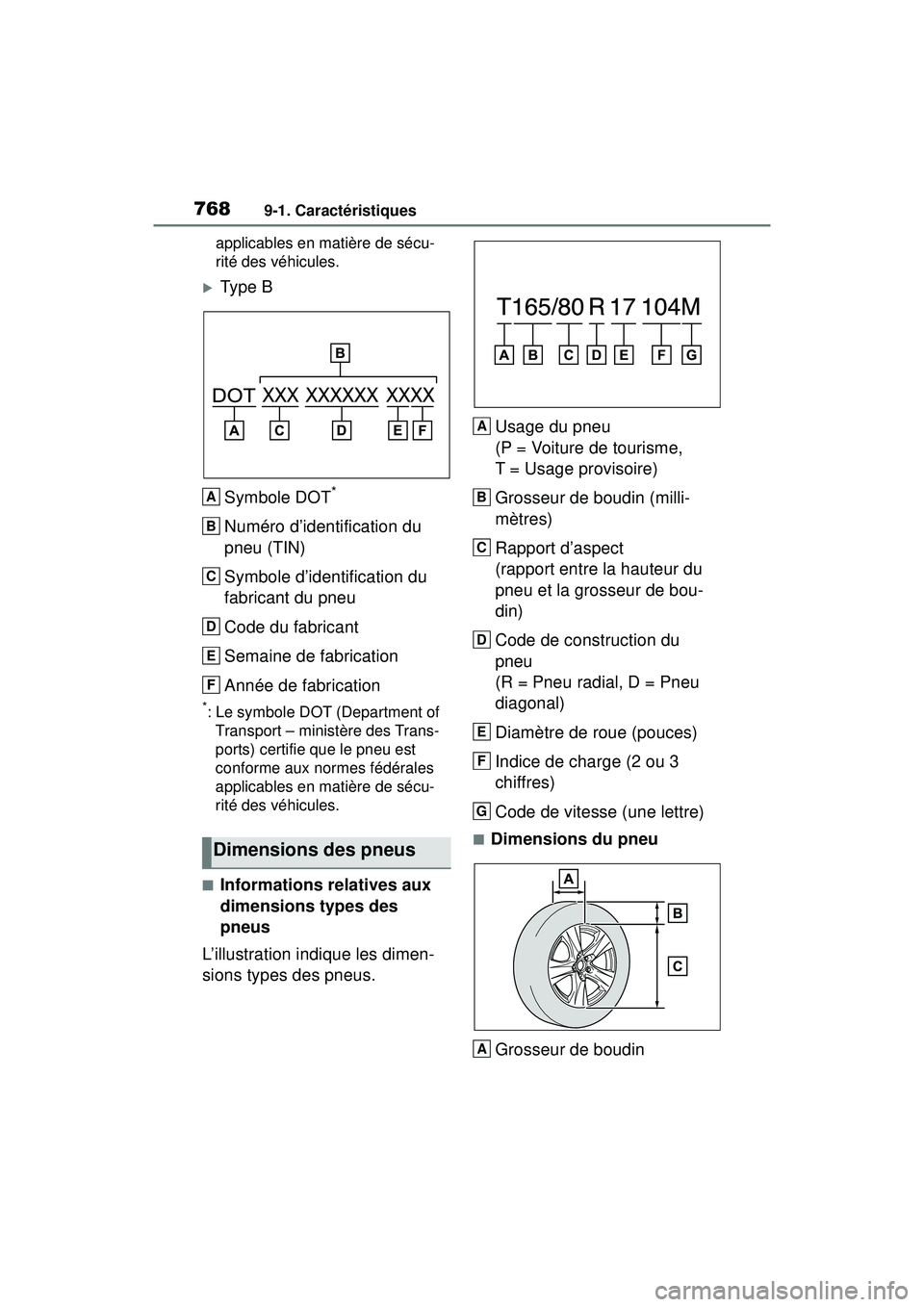 TOYOTA RAV4 2019 Manuel du propriétaire (in French) 7689-1. Caractéristiques
applicables en matière de sécu-
rité des véhicules.
Type BSymbole DOT
*
Numéro d’identification du
pneu (TIN)
Symbole d’identification du
fabricant du pneu
Code TOYOTA RAV4 2019 Manuel du propriétaire (in French) 7689-1. Caractéristiques
applicables en matière de sécu-
rité des véhicules.
Type BSymbole DOT
*
Numéro d’identification du
pneu (TIN)
Symbole d’identification du
fabricant du pneu
Code