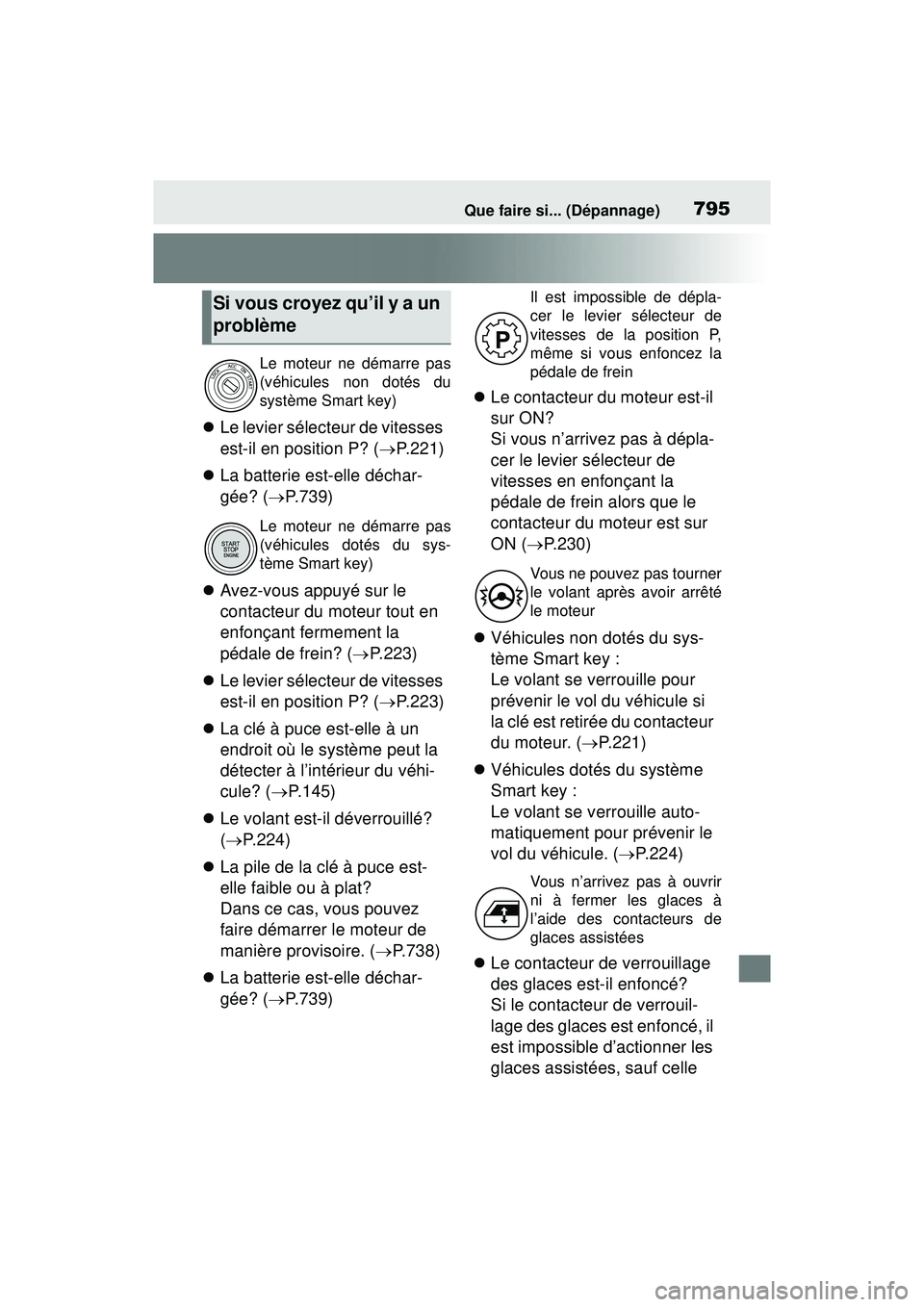 TOYOTA RAV4 2019 Manuel du propriétaire (in French) 795Que faire si... (Dépannage)
Le levier sélecteur de vitesses
est-il en position P? ( P.221)
La batterie est-elle déchar-
gée? ( P.739)
Avez-vous appuyé sur le
contacteur du m TOYOTA RAV4 2019 Manuel du propriétaire (in French) 795Que faire si... (Dépannage)
Le levier sélecteur de vitesses
est-il en position P? ( P.221)
La batterie est-elle déchar-
gée? ( P.739)
Avez-vous appuyé sur le
contacteur du m