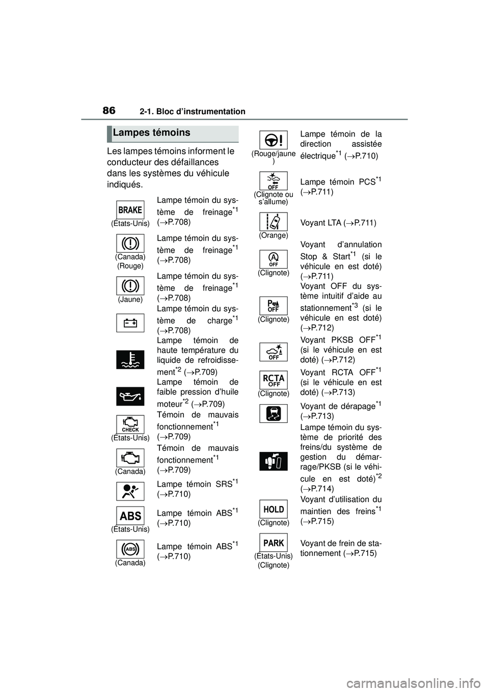 TOYOTA RAV4 2019  Manuel du propriétaire (in French) 862-1. Bloc d’instrumentation
Les lampes témoins informent le 
conducteur des défaillances 
dans les systèmes du véhicule 
indiqués.
Lampes témoins
(États-Unis)
Lampe témoin du sys-
tème de