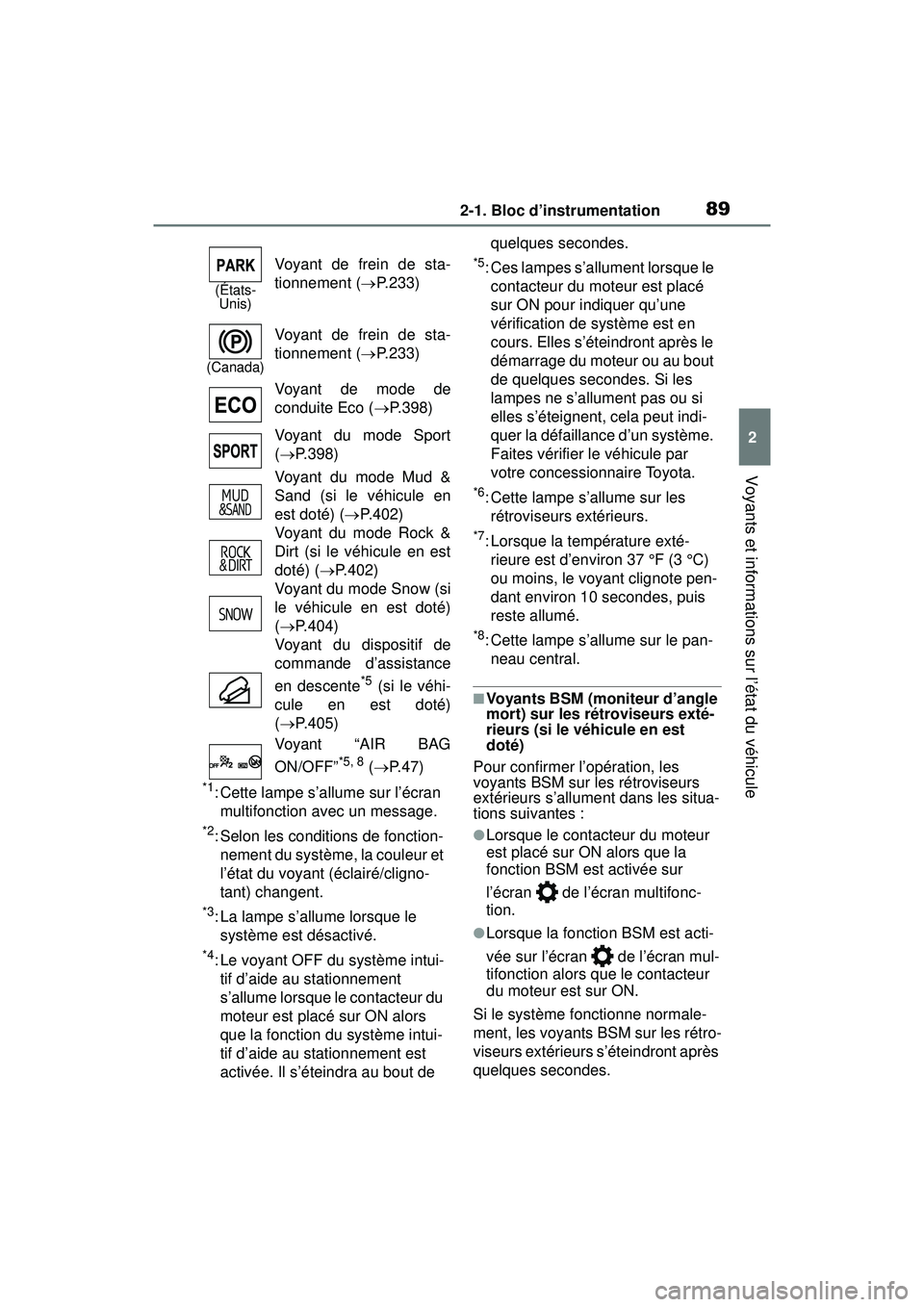 TOYOTA RAV4 2019 Manuel du propriétaire (in French) 892-1. Bloc d’instrumentation
2
Voyants et informations sur l’état du véhicule
*1: Cette lampe s’allume sur l’écran multifonction avec un message.
*2: Selon les conditions de fonction-nemen TOYOTA RAV4 2019 Manuel du propriétaire (in French) 892-1. Bloc d’instrumentation
2
Voyants et informations sur l’état du véhicule
*1: Cette lampe s’allume sur l’écran multifonction avec un message.
*2: Selon les conditions de fonction-nemen