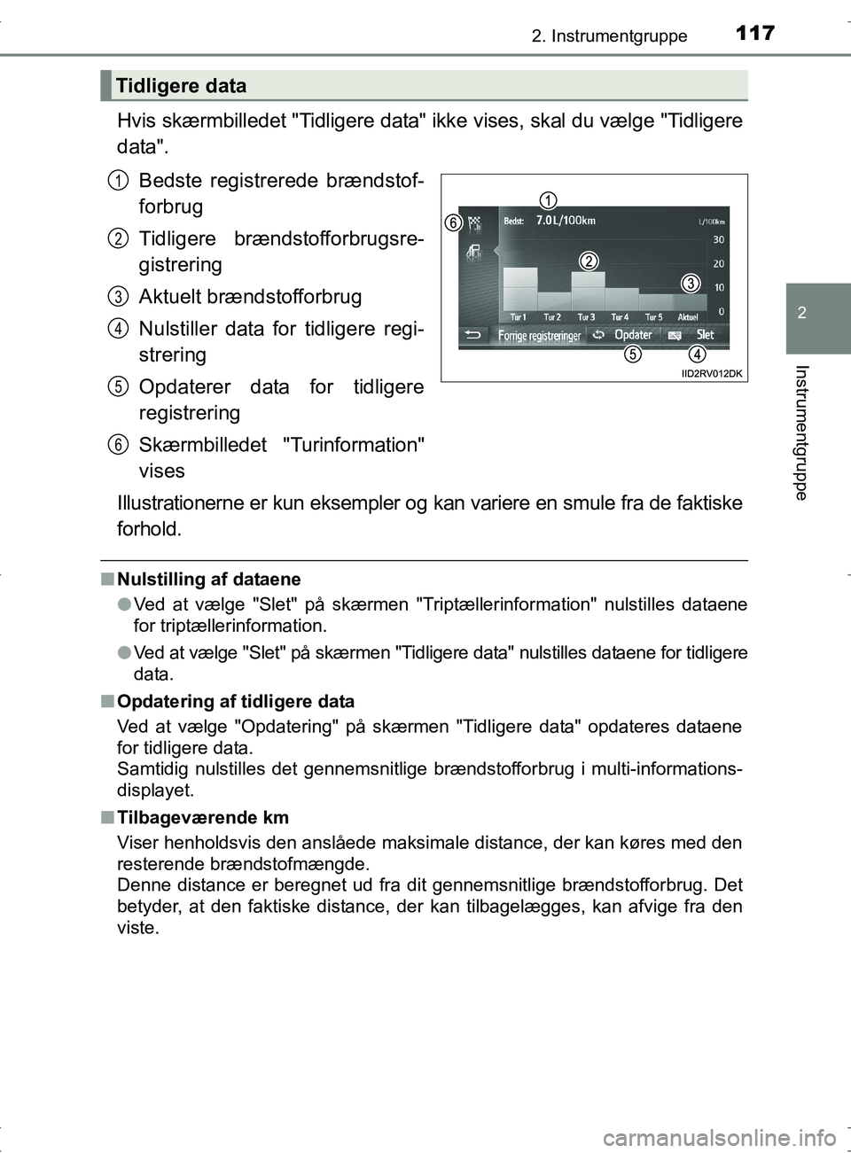 TOYOTA RAV4 2017 Brugsanvisning (in Danish) 1172. Instrumentgruppe
2
Instrumentgruppe
OM42753DK
Hvis skærmbilledet "Tidligere data" ikke vises, skal du vælge "Tidligere
data".
Bedste registrerede brændstof-
forbrug
Tidligere brændstofforbru TOYOTA RAV4 2017 Brugsanvisning (in Danish) 1172. Instrumentgruppe
2
Instrumentgruppe
OM42753DK
Hvis skærmbilledet "Tidligere data" ikke vises, skal du vælge "Tidligere
data".
Bedste registrerede brændstof-
forbrug
Tidligere brændstofforbru