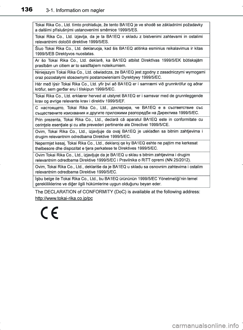 TOYOTA RAV4 2017 Brugsanvisning (in Danish) 1363-1. Information om nøgler
OM42753DK
OM42753DK.book Page 136 Wednesday, September 7, 2016 2:13 PM TOYOTA RAV4 2017 Brugsanvisning (in Danish) 1363-1. Information om nøgler
OM42753DK
OM42753DK.book Page 136 Wednesday, September 7, 2016 2:13 PM
