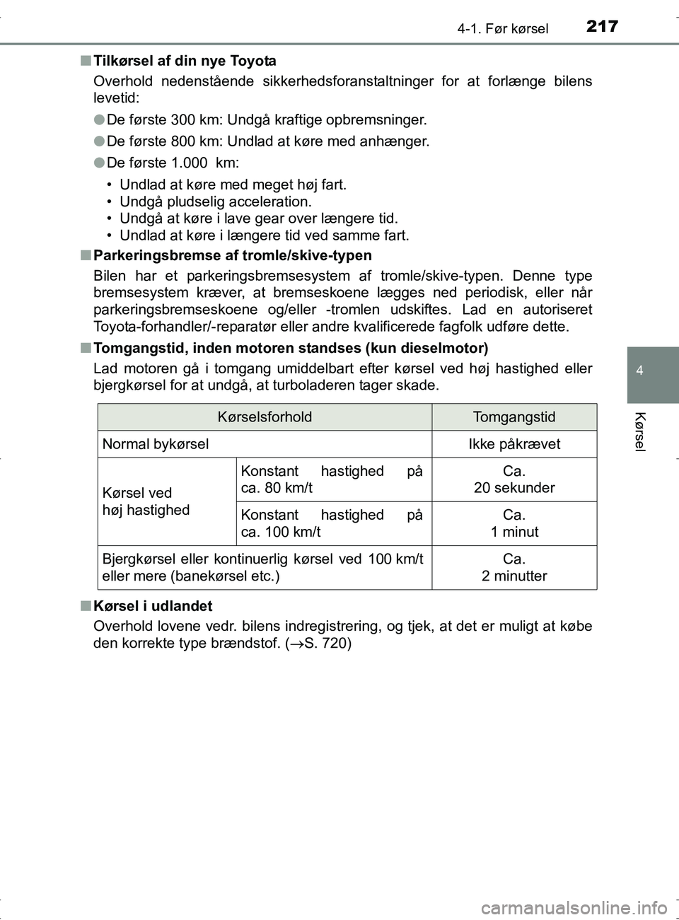 TOYOTA RAV4 2017 Brugsanvisning (in Danish) 2174-1. Før kørsel
4
Kørsel
OM42753DKn
Tilkørsel af din nye Toyota
Overhold nedenstående sikkerhedsforanstaltninger for at forlænge bilens
levetid:
lDe første 300 km: Undgå kraftige opbremsnin TOYOTA RAV4 2017 Brugsanvisning (in Danish) 2174-1. Før kørsel
4
Kørsel
OM42753DKn
Tilkørsel af din nye Toyota
Overhold nedenstående sikkerhedsforanstaltninger for at forlænge bilens
levetid:
lDe første 300 km: Undgå kraftige opbremsnin