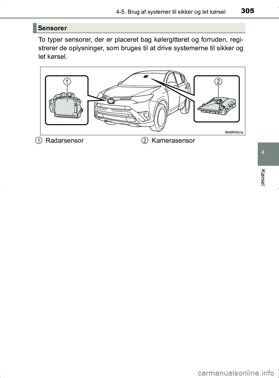 TOYOTA RAV4 2017 Brugsanvisning (in Danish) 3054-5. Brug af systemer til sikker og let kørsel
4
Kørsel
OM42753DK
To typer sensorer, der er placeret bag kølergitteret og forruden, regi-
strerer de oplysninger, som bruges ti l at drive system TOYOTA RAV4 2017 Brugsanvisning (in Danish) 3054-5. Brug af systemer til sikker og let kørsel
4
Kørsel
OM42753DK
To typer sensorer, der er placeret bag kølergitteret og forruden, regi-
strerer de oplysninger, som bruges ti l at drive system