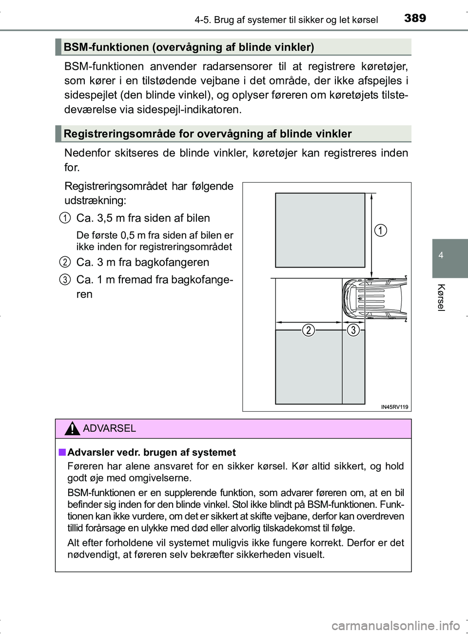 TOYOTA RAV4 2017 Brugsanvisning (in Danish) 3894-5. Brug af systemer til sikker og let kørsel
4
Kørsel
OM42753DK
BSM-funktionen anvender radarsensorer til at registrere køretøjer,
som kører i en tilstødende vejbane i det område, der ikke TOYOTA RAV4 2017 Brugsanvisning (in Danish) 3894-5. Brug af systemer til sikker og let kørsel
4
Kørsel
OM42753DK
BSM-funktionen anvender radarsensorer til at registrere køretøjer,
som kører i en tilstødende vejbane i det område, der ikke