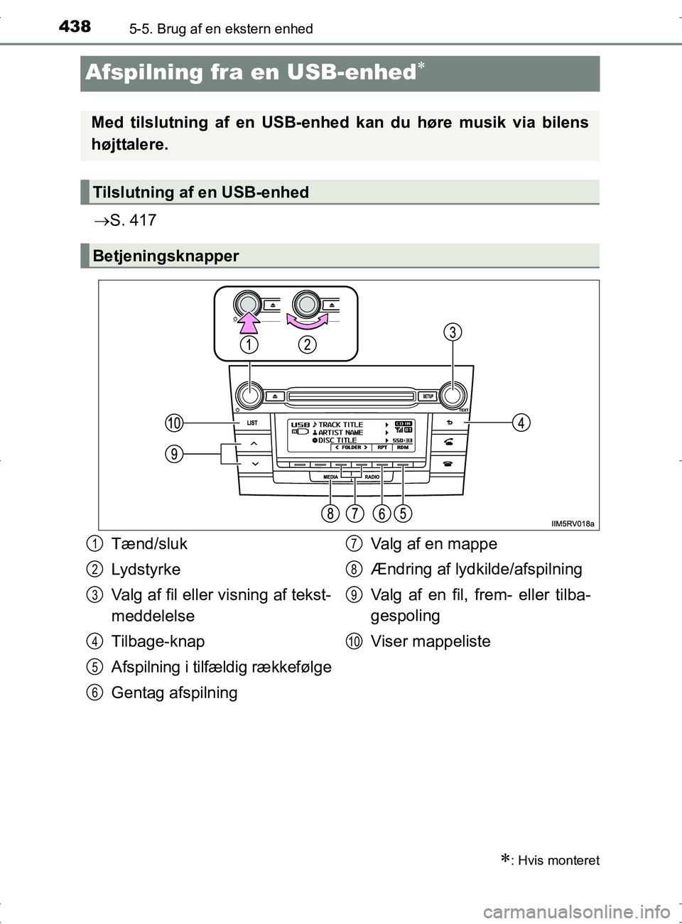 TOYOTA RAV4 2017 Brugsanvisning (in Danish) 4385-5. Brug af en ekstern enhed
OM42753DK
Afspilning fra en USB-enhed
ï‚®S. 417
: Hvis monteret
Med tilslutning af en USB-e nhed kan du høre musik via bilens
højttalere.
Tilslutning af en USB TOYOTA RAV4 2017 Brugsanvisning (in Danish) 4385-5. Brug af en ekstern enhed
OM42753DK
Afspilning fra en USB-enhed
ï‚®S. 417
: Hvis monteret
Med tilslutning af en USB-e nhed kan du høre musik via bilens
højttalere.
Tilslutning af en USB