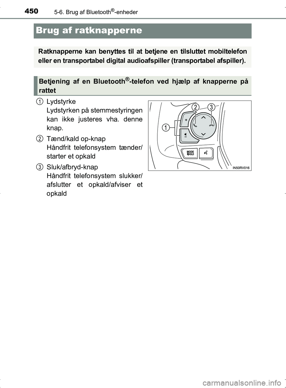TOYOTA RAV4 2017 Brugsanvisning (in Danish) 4505-6. Brug af Bluetooth®-enheder
OM42753DK
Brug af ratknapper ne
Lydstyrke
Lydstyrken på stemmestyringen
kan ikke justeres vha. denne
knap.
Tænd/kald op-knap
Håndfrit telefonsystem tænder/
sta TOYOTA RAV4 2017 Brugsanvisning (in Danish) 4505-6. Brug af Bluetooth®-enheder
OM42753DK
Brug af ratknapper ne
Lydstyrke
Lydstyrken på stemmestyringen
kan ikke justeres vha. denne
knap.
Tænd/kald op-knap
Håndfrit telefonsystem tænder/
sta