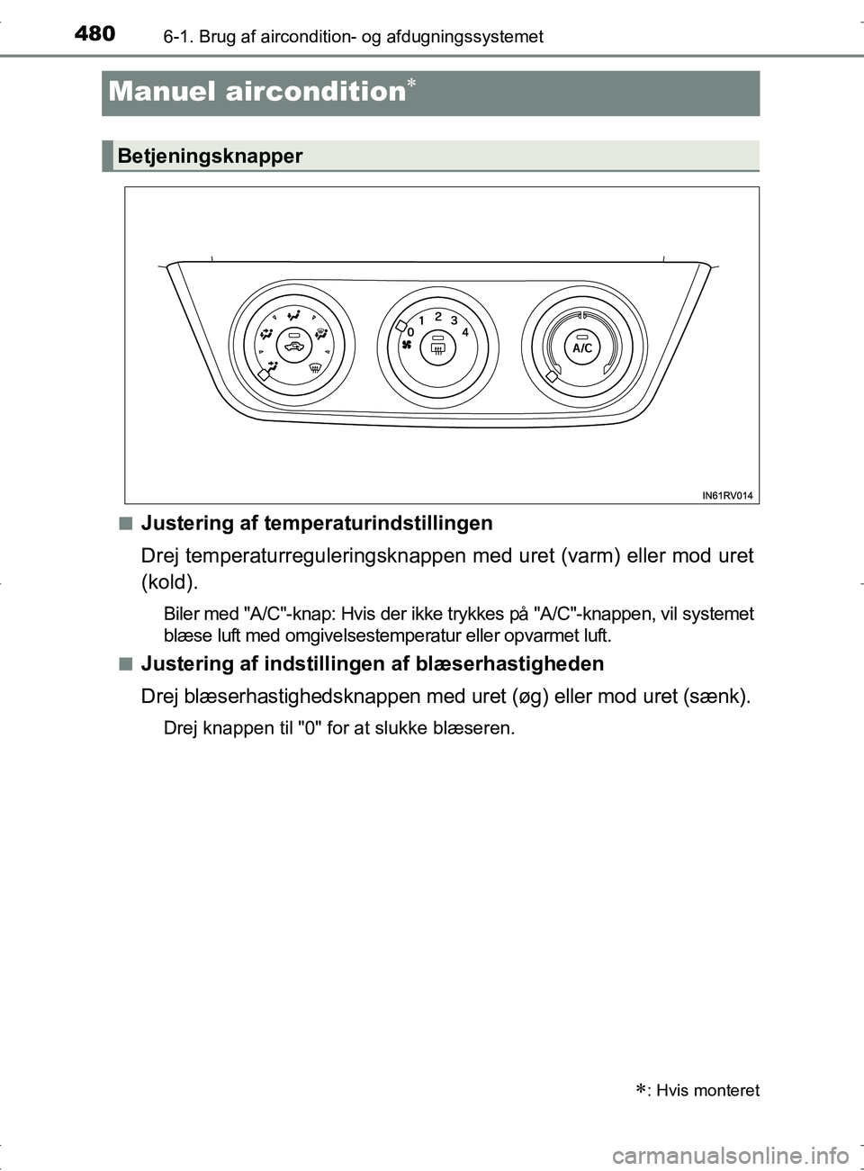 TOYOTA RAV4 2017  Brugsanvisning (in Danish) 4806-1. Brug af aircondition- og afdugningssystemet
OM42753DK
Manuel aircondition
nJustering af temperaturindstillingen
Drej temperaturreguleringsknappen med uret (varm) eller mod uret
(kold).
Bile
