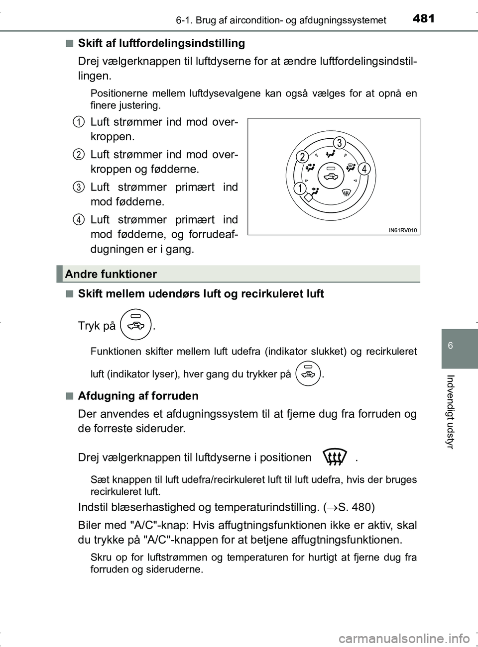 TOYOTA RAV4 2017 Brugsanvisning (in Danish) 4816-1. Brug af aircondition- og afdugningssystemet
6
Indvendigt udstyr
OM42753DKn
Skift af luftfordelingsindstilling
Drej vælgerknappen til luftdyserne for at ændre luftfordelingsindstil-
lingen.
P TOYOTA RAV4 2017 Brugsanvisning (in Danish) 4816-1. Brug af aircondition- og afdugningssystemet
6
Indvendigt udstyr
OM42753DKn
Skift af luftfordelingsindstilling
Drej vælgerknappen til luftdyserne for at ændre luftfordelingsindstil-
lingen.
P