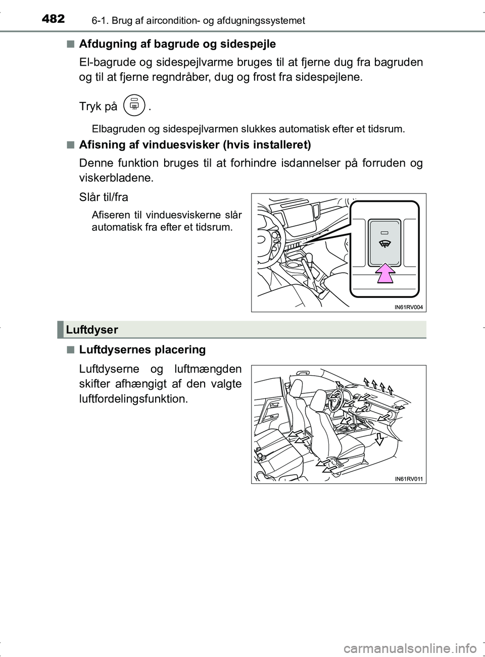 TOYOTA RAV4 2017 Brugsanvisning (in Danish) 4826-1. Brug af aircondition- og afdugningssystemet
OM42753DKn
Afdugning af bagrude og sidespejle
El-bagrude og sidespejlvarme bruges til at fjerne dug fra bagruden
og til at fjerne regndråber, dug o TOYOTA RAV4 2017 Brugsanvisning (in Danish) 4826-1. Brug af aircondition- og afdugningssystemet
OM42753DKn
Afdugning af bagrude og sidespejle
El-bagrude og sidespejlvarme bruges til at fjerne dug fra bagruden
og til at fjerne regndråber, dug o