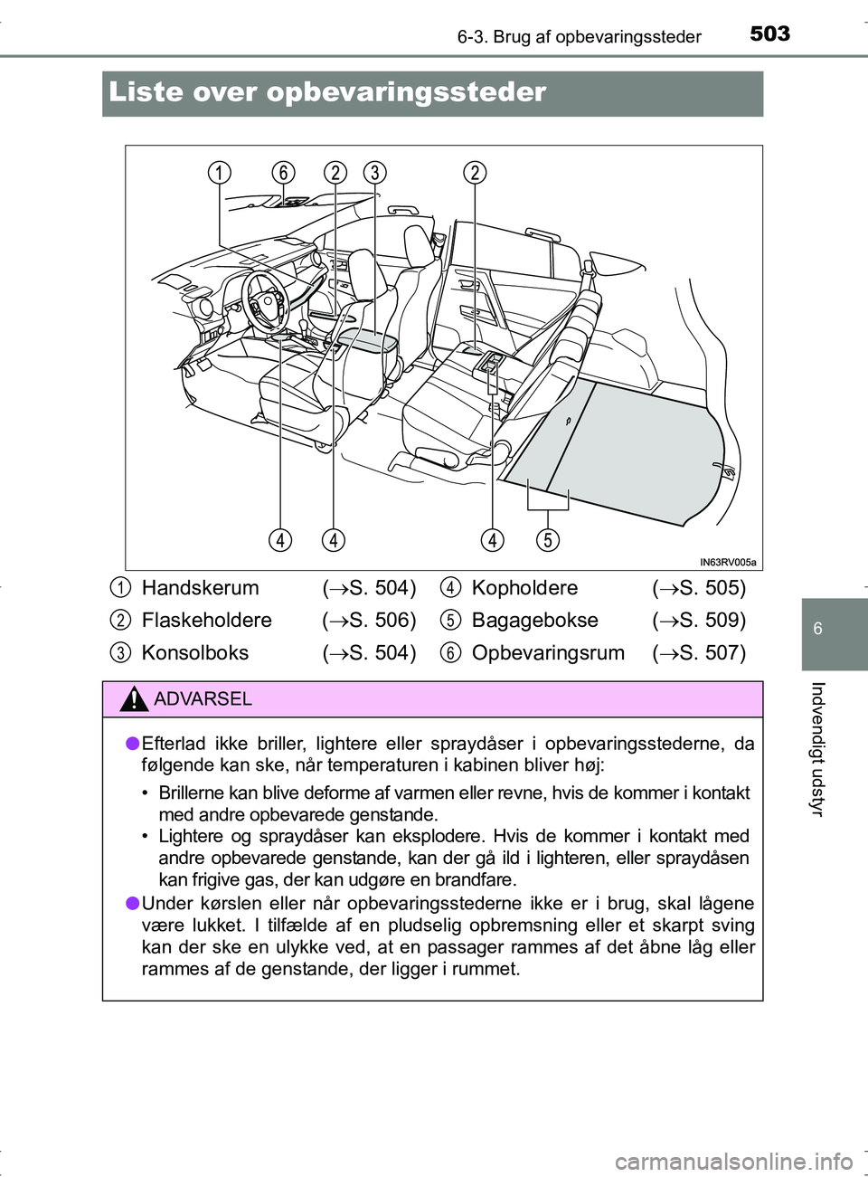 TOYOTA RAV4 2017 Brugsanvisning (in Danish) 5036-3. Brug af opbevaringssteder
OM42753DK
6
Indvendigt udstyr
Liste over opbevaringssteder
Handskerum (S. 504)
Flaskeholdere ( S. 506)
Konsolboks ( S. 504) Kopholdere (
S. 505)
Bagageb TOYOTA RAV4 2017 Brugsanvisning (in Danish) 5036-3. Brug af opbevaringssteder
OM42753DK
6
Indvendigt udstyr
Liste over opbevaringssteder
Handskerum (S. 504)
Flaskeholdere ( S. 506)
Konsolboks ( S. 504) Kopholdere (
S. 505)
Bagageb