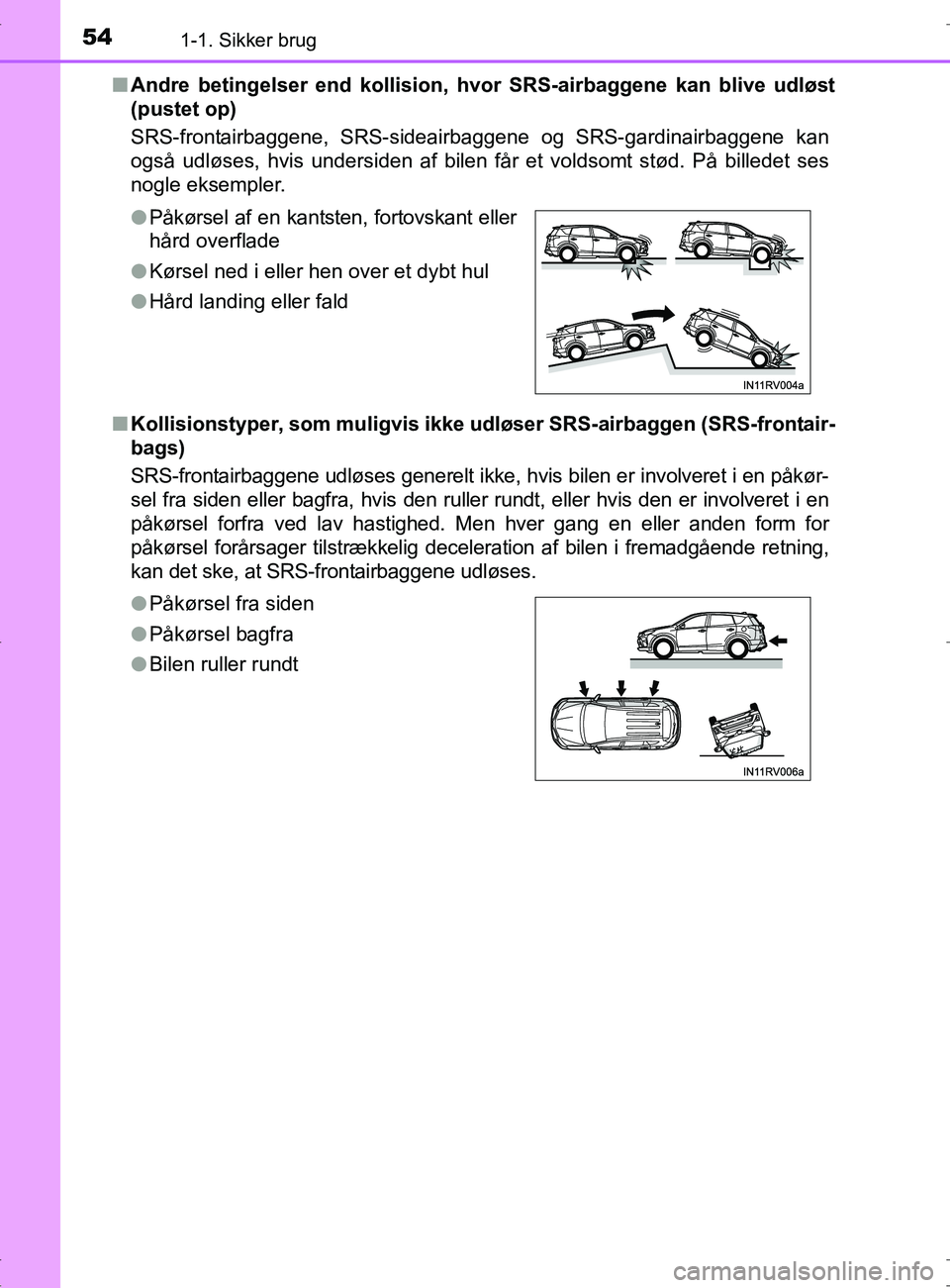 TOYOTA RAV4 2017 Brugsanvisning (in Danish) 541-1. Sikker brug
OM42753DKn
Andre betingelser end kollision, hv or SRS-airbaggene kan blive udløst
(pustet op)
SRS-frontairbaggene, SRS-sideair baggene og SRS-gardinairbaggene kan
også udløses, h TOYOTA RAV4 2017 Brugsanvisning (in Danish) 541-1. Sikker brug
OM42753DKn
Andre betingelser end kollision, hv or SRS-airbaggene kan blive udløst
(pustet op)
SRS-frontairbaggene, SRS-sideair baggene og SRS-gardinairbaggene kan
også udløses, h