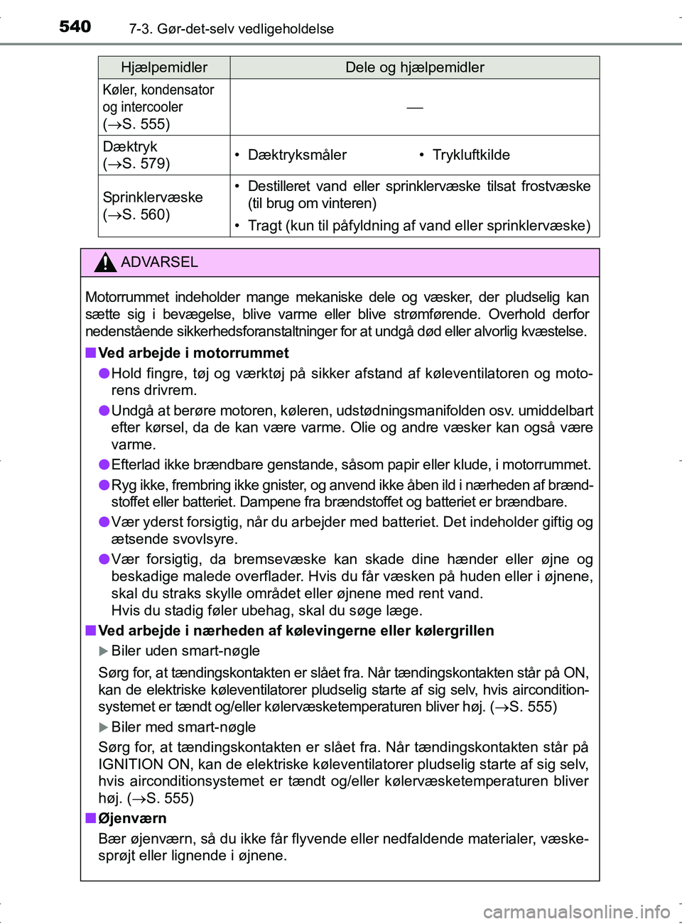 TOYOTA RAV4 2017 Brugsanvisning (in Danish) 5407-3. Gør-det-selv vedligeholdelse
OM42753DK
Køler, kondensator
og intercooler
( S. 555)
Dæktryk
( S. 579)• Dæktryksmåler• Trykluftkilde
Sprinklervæske
( S. 560)• Destil TOYOTA RAV4 2017 Brugsanvisning (in Danish) 5407-3. Gør-det-selv vedligeholdelse
OM42753DK
Køler, kondensator
og intercooler
( S. 555)
Dæktryk
( S. 579)• Dæktryksmåler• Trykluftkilde
Sprinklervæske
( S. 560)• Destil