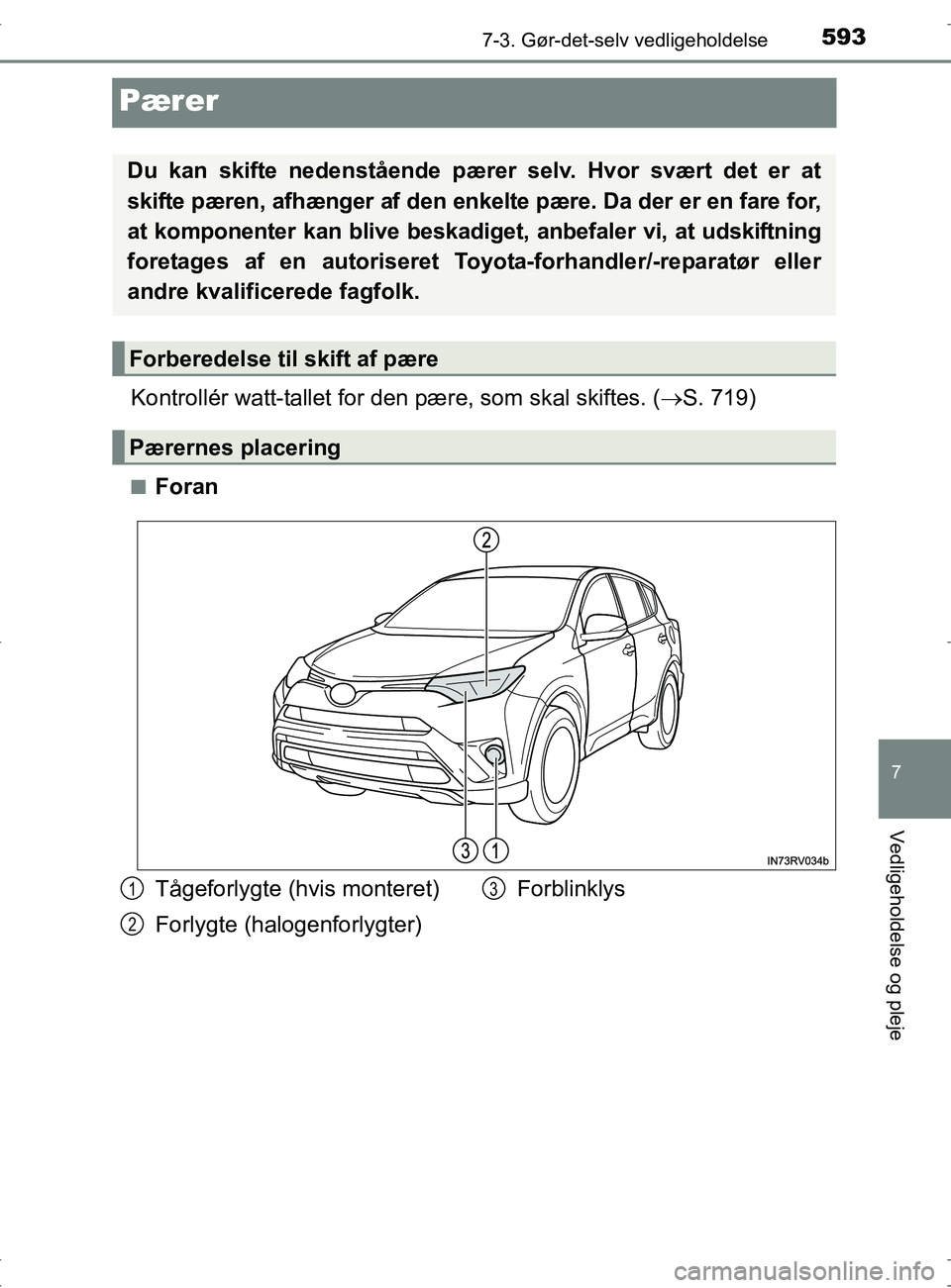 TOYOTA RAV4 2017  Brugsanvisning (in Danish) 5937-3. Gør-det-selv vedligeholdelse
OM42753DK
7
Vedligeholdelse og pleje
Pærer
Kontrollér watt-tallet for den pære, som skal skiftes. ( S. 719)
nForan
Du kan skifte nedenstående pærer selv. 