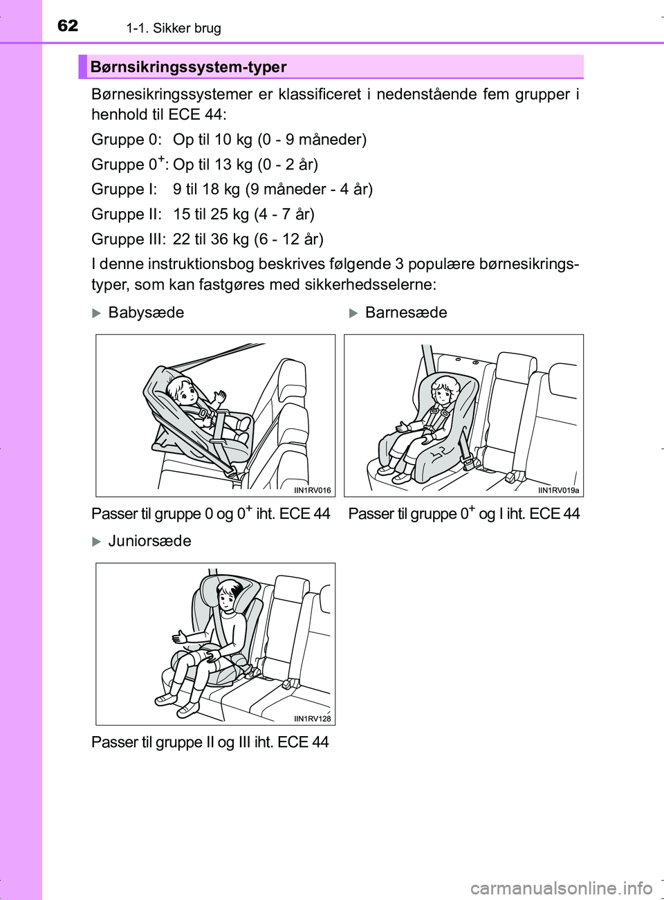 TOYOTA RAV4 2017 Brugsanvisning (in Danish) 621-1. Sikker brug
OM42753DK
Børnesikringssystemer er klassificeret i nedenstående fem grupper i
henhold til ECE 44:
Gruppe 0: Op til 10 kg (0 - 9 måneder)
Gruppe 0
+: Op til 13 kg (0 - 2 år)
Grup TOYOTA RAV4 2017 Brugsanvisning (in Danish) 621-1. Sikker brug
OM42753DK
Børnesikringssystemer er klassificeret i nedenstående fem grupper i
henhold til ECE 44:
Gruppe 0: Op til 10 kg (0 - 9 måneder)
Gruppe 0
+: Op til 13 kg (0 - 2 år)
Grup