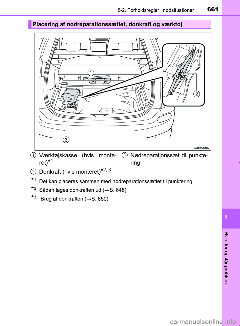 TOYOTA RAV4 2017 Brugsanvisning (in Danish) 6618-2. Forholdsregler i nødsituationer
8
Hvis der opstår problemer
OM42753DK
*1: Det kan placeres sammen med nødreparationssættet til punktering
*2: Sådan tages donkraften ud (S. 648)
*3: Br TOYOTA RAV4 2017 Brugsanvisning (in Danish) 6618-2. Forholdsregler i nødsituationer
8
Hvis der opstår problemer
OM42753DK
*1: Det kan placeres sammen med nødreparationssættet til punktering
*2: Sådan tages donkraften ud (S. 648)
*3: Br