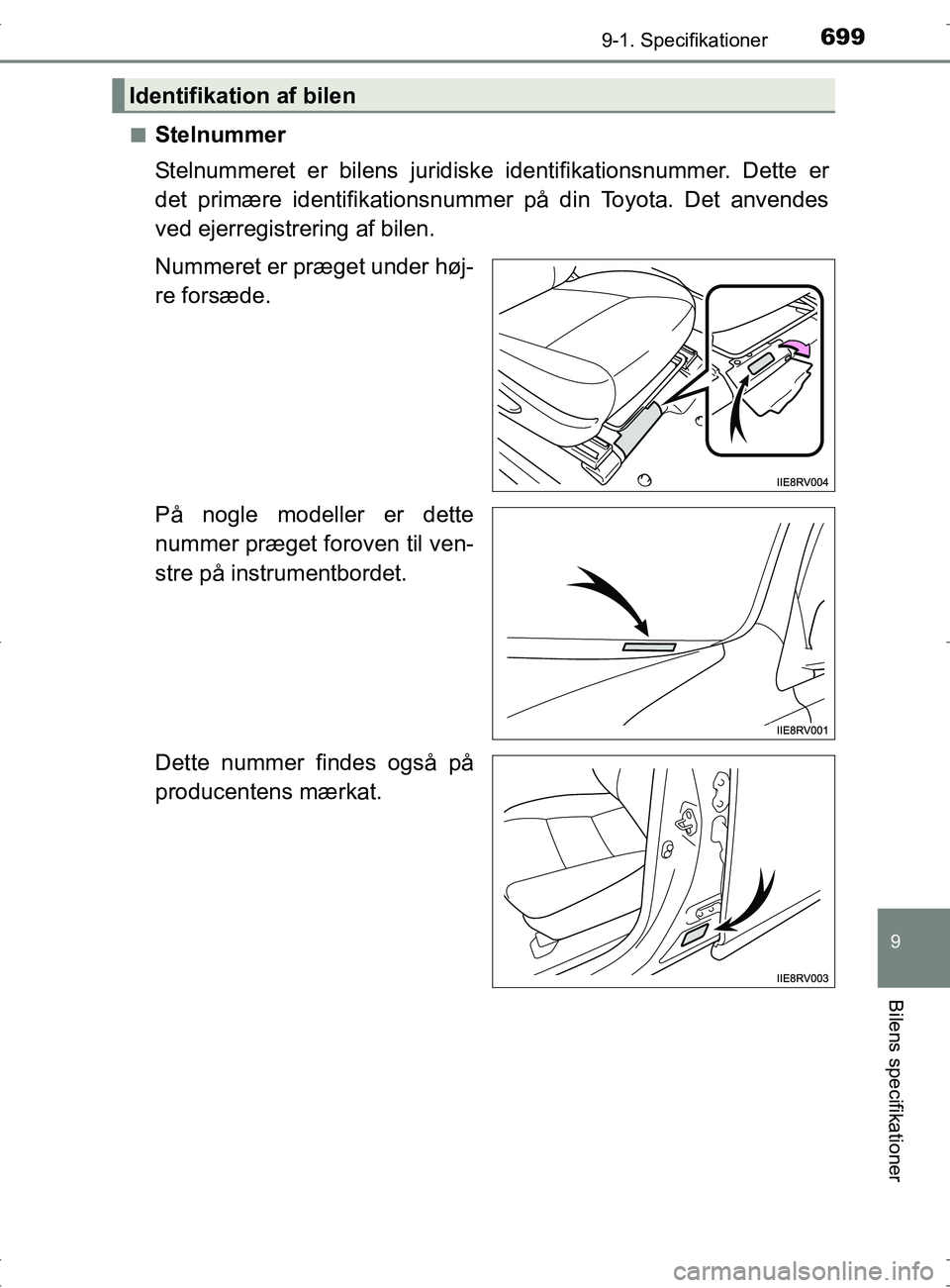 TOYOTA RAV4 2017  Brugsanvisning (in Danish) 6999-1. Specifikationer
OM42753DK
9
Bilens specifikationer
nStelnummer
Stelnummeret er bilens juridiske identifikationsnummer. Dette er
det primære identifikationsnummer på din Toyota. Det anvendes

