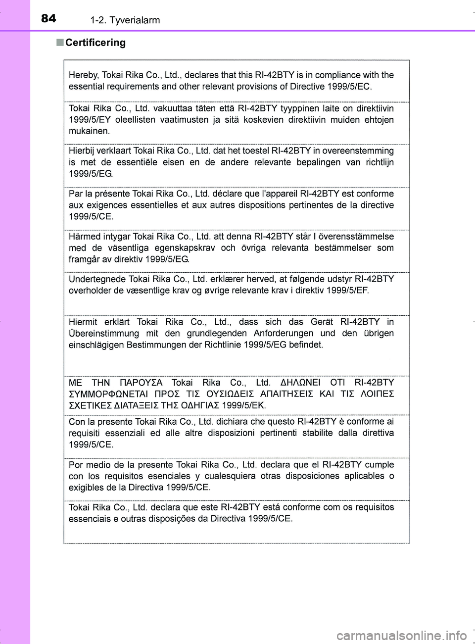 TOYOTA RAV4 2017  Brugsanvisning (in Danish) 841-2. Tyverialarm
OM42753DKn
Certificering
OM42753DK.book  Page 84  Wednesday, September 7, 2016  2:13 PM 
