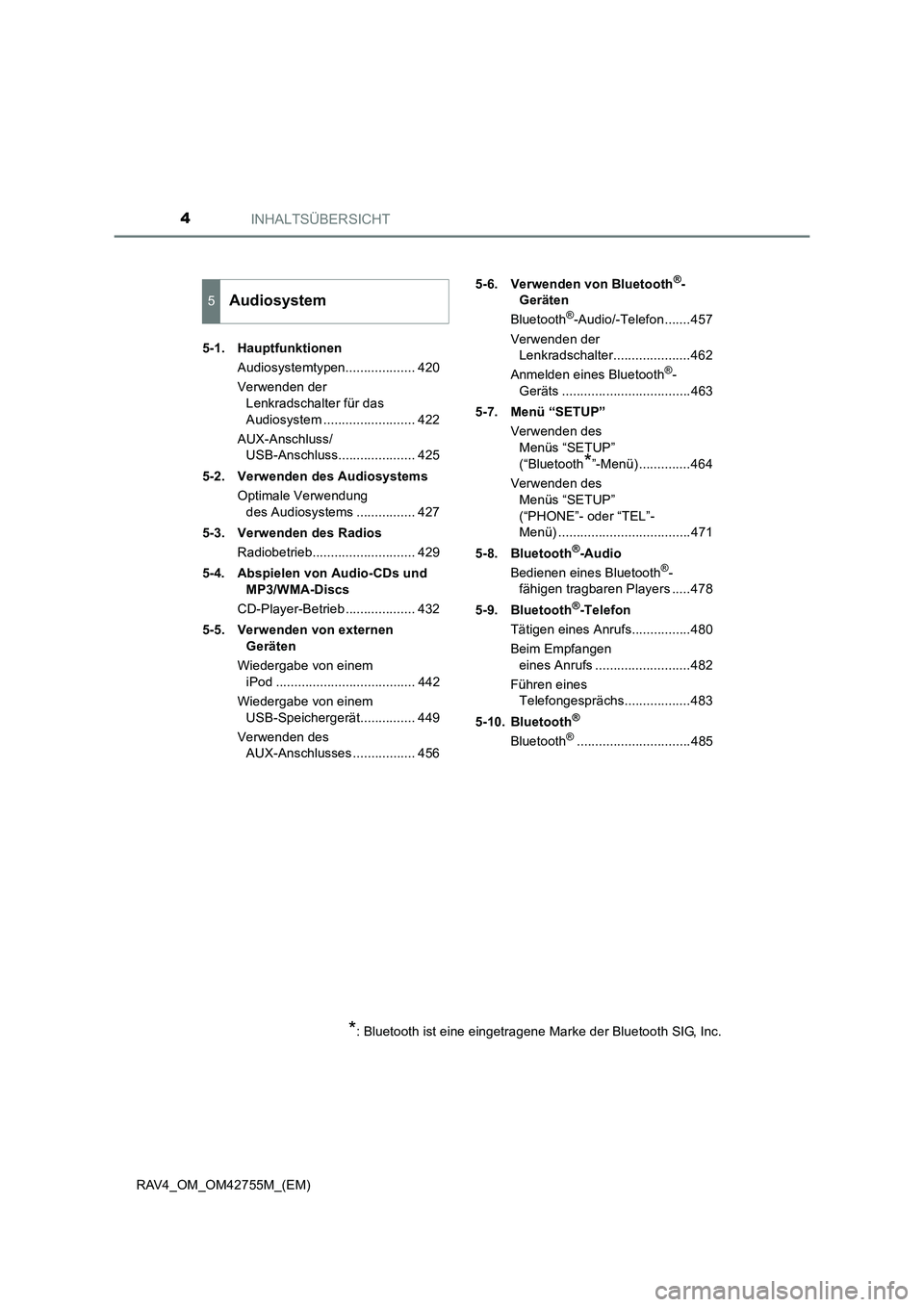 TOYOTA RAV4 2017  Betriebsanleitungen (in German) INHALTSÜBERSICHT4
RAV4_OM_OM42755M_(EM)5-1. Hauptfunktionen
Audiosystemtypen................... 420
Verwenden der Lenkradschalter für das 
Audiosystem ......................... 422
AUX-Anschluss/ US