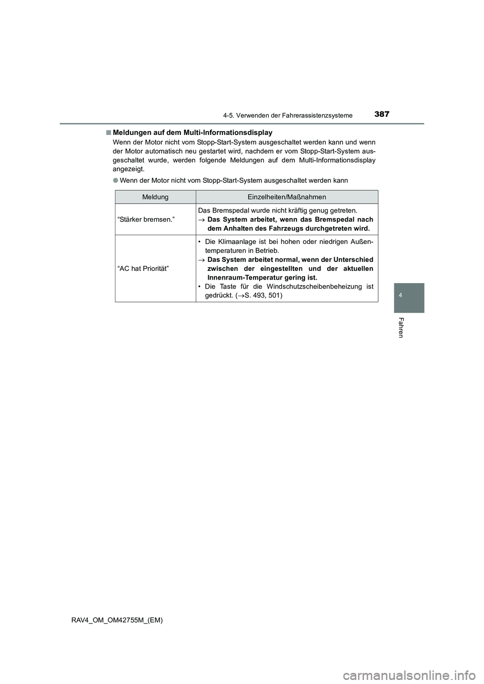 TOYOTA RAV4 2017  Betriebsanleitungen (in German) 3874-5. Verwenden der Fahrerassistenzsysteme
4
Fahren
RAV4_OM_OM42755M_(EM)■
Meldungen auf dem Multi-Informationsdisplay
Wenn der Motor nicht vom Stopp-Start-System ausgeschaltet werden kann und wen