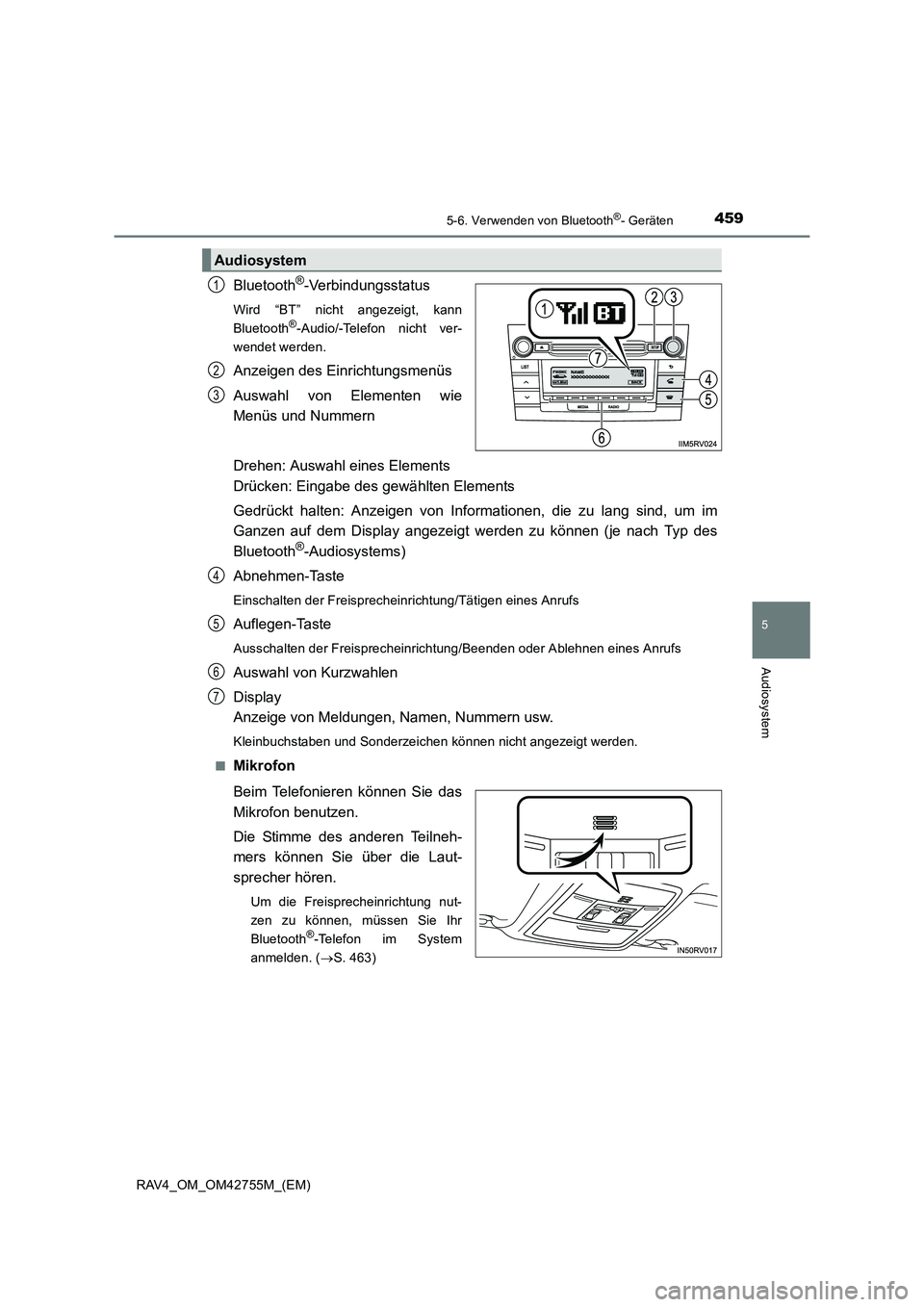 TOYOTA RAV4 2017 Betriebsanleitungen (in German) 4595-6. Verwenden von Bluetooth®- Geräten
5
Audiosystem
RAV4_OM_OM42755M_(EM)
Bluetooth®-Verbindungsstatus
Wird “BT” nicht angezeigt, kann
Bluetooth®-Audio/-Telefon nicht ver-
wendet werden.
A TOYOTA RAV4 2017 Betriebsanleitungen (in German) 4595-6. Verwenden von Bluetooth®- Geräten
5
Audiosystem
RAV4_OM_OM42755M_(EM)
Bluetooth®-Verbindungsstatus
Wird “BT” nicht angezeigt, kann
Bluetooth®-Audio/-Telefon nicht ver-
wendet werden.
A