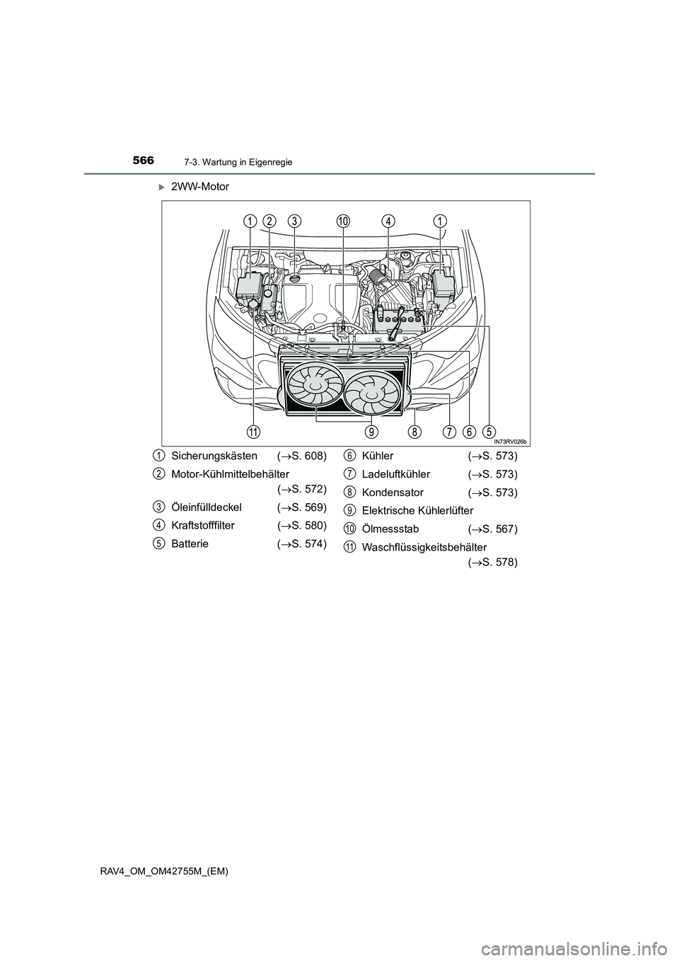 TOYOTA RAV4 2017  Betriebsanleitungen (in German) 5667-3. Wartung in Eigenregie
RAV4_OM_OM42755M_(EM)
�X2WW-Motor
Sicherungskästen (→S. 608)
Motor-Kühlmittelbehälter  (→ S. 572)
Öleinfülldeckel ( →S. 569)
Kraftstofffilter ( →S. 580)
Batt