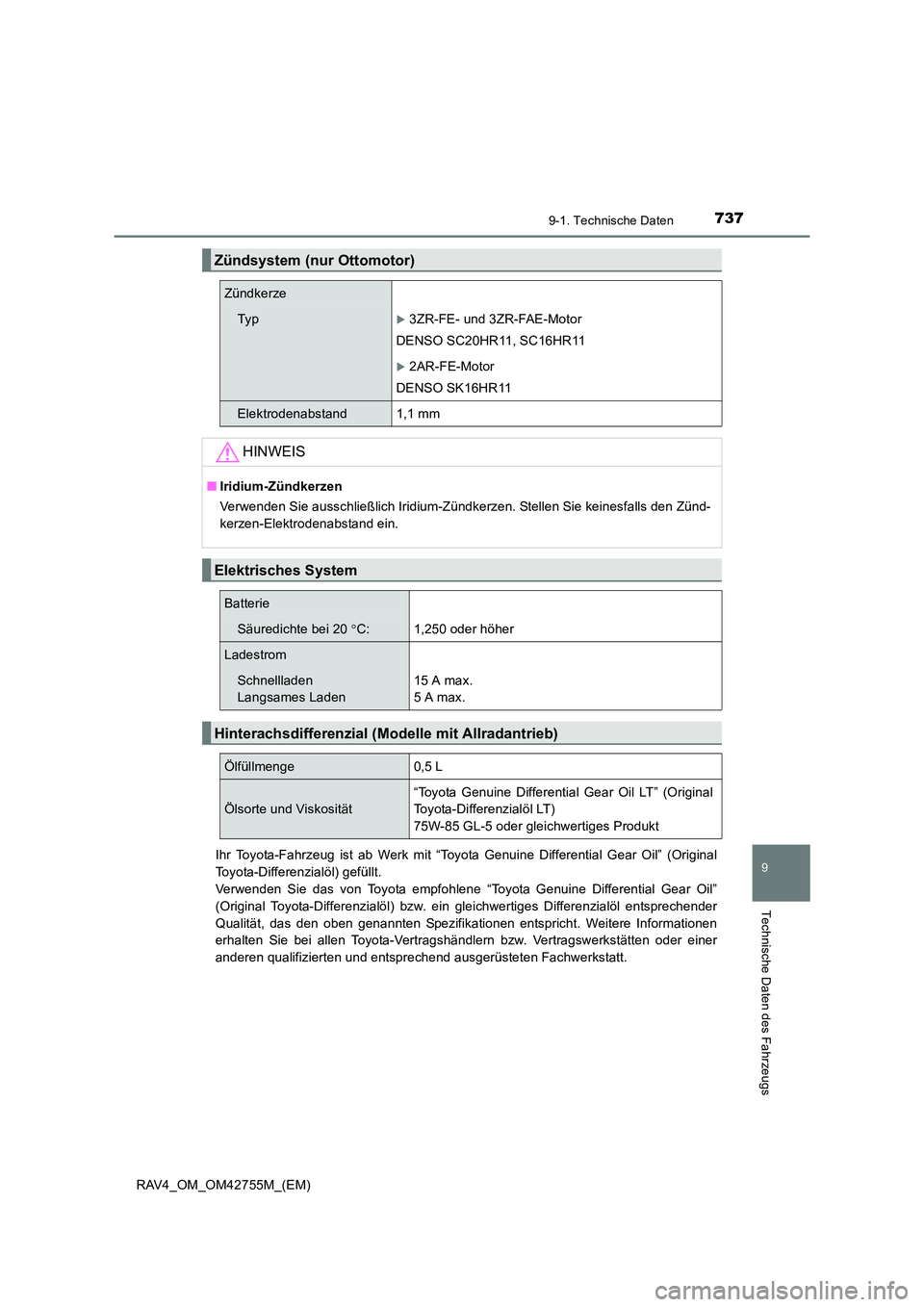 TOYOTA RAV4 2017  Betriebsanleitungen (in German) 7379-1. Technische Daten
RAV4_OM_OM42755M_(EM)
9
Technische Daten des Fahrzeugs
Ihr Toyota-Fahrzeug ist ab Werk mit “Toyota Genuine Differential Gear Oil” (Original
Toyota-Differenzialöl) gefüll
