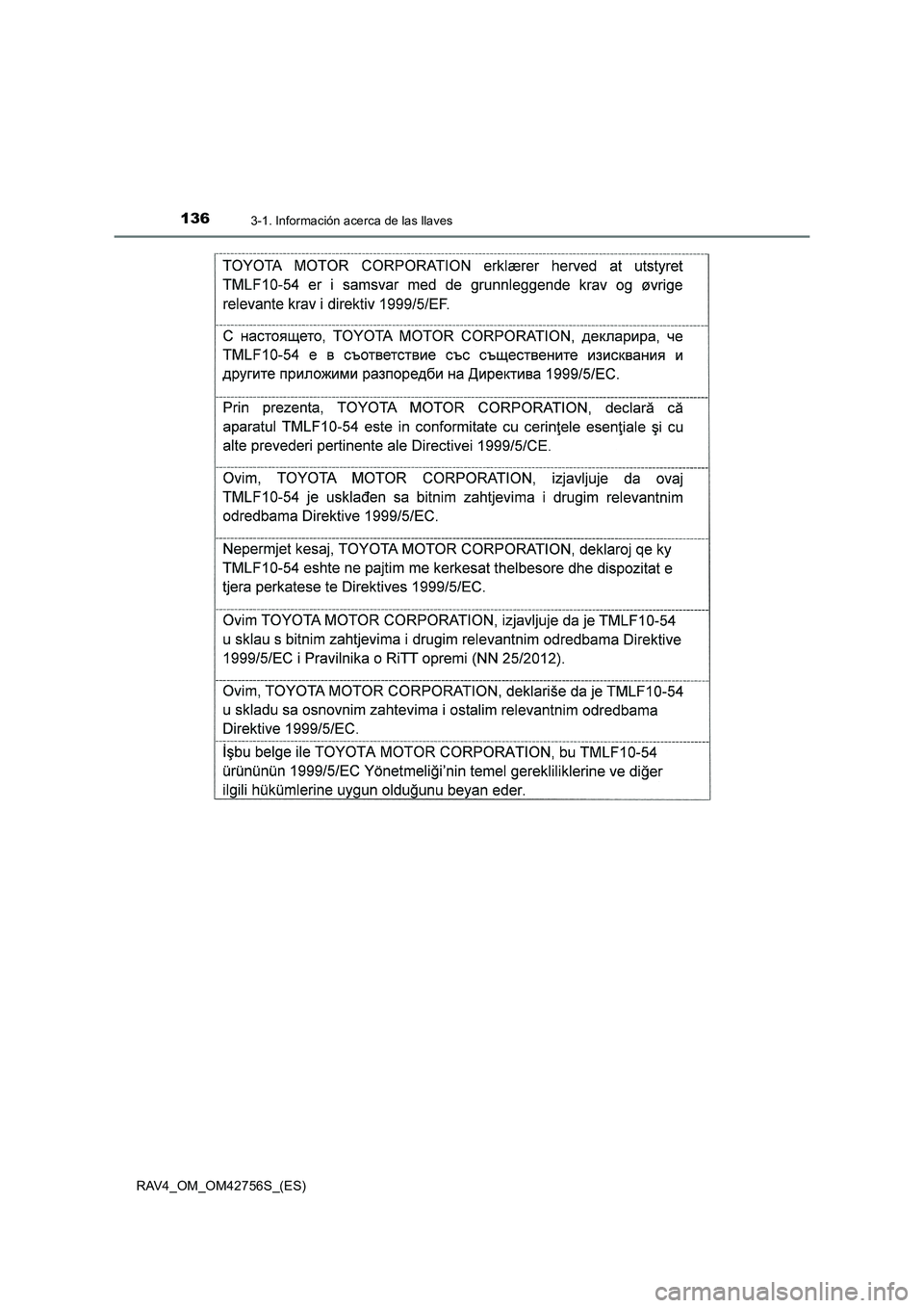 TOYOTA RAV4 2017 Manual del propietario (in Spanish) 1363-1. Información acerca de las llaves
RAV4_OM_OM42756S_(ES) TOYOTA RAV4 2017 Manual del propietario (in Spanish) 1363-1. Información acerca de las llaves
RAV4_OM_OM42756S_(ES)