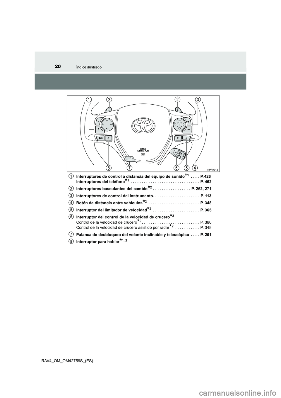 TOYOTA RAV4 2017 Manual del propietario (in Spanish) 20Índice ilustrado
RAV4_OM_OM42756S_(ES)Interruptores de control a distancia del equipo de sonido
*1 . . . . P. 426
Interruptores del teléfono
*1 . . . . . . . . . . . . . . . . . . . . . . . . . TOYOTA RAV4 2017 Manual del propietario (in Spanish) 20Índice ilustrado
RAV4_OM_OM42756S_(ES)Interruptores de control a distancia del equipo de sonido
*1 . . . . P. 426
Interruptores del teléfono
*1 . . . . . . . . . . . . . . . . . . . . . . . . .